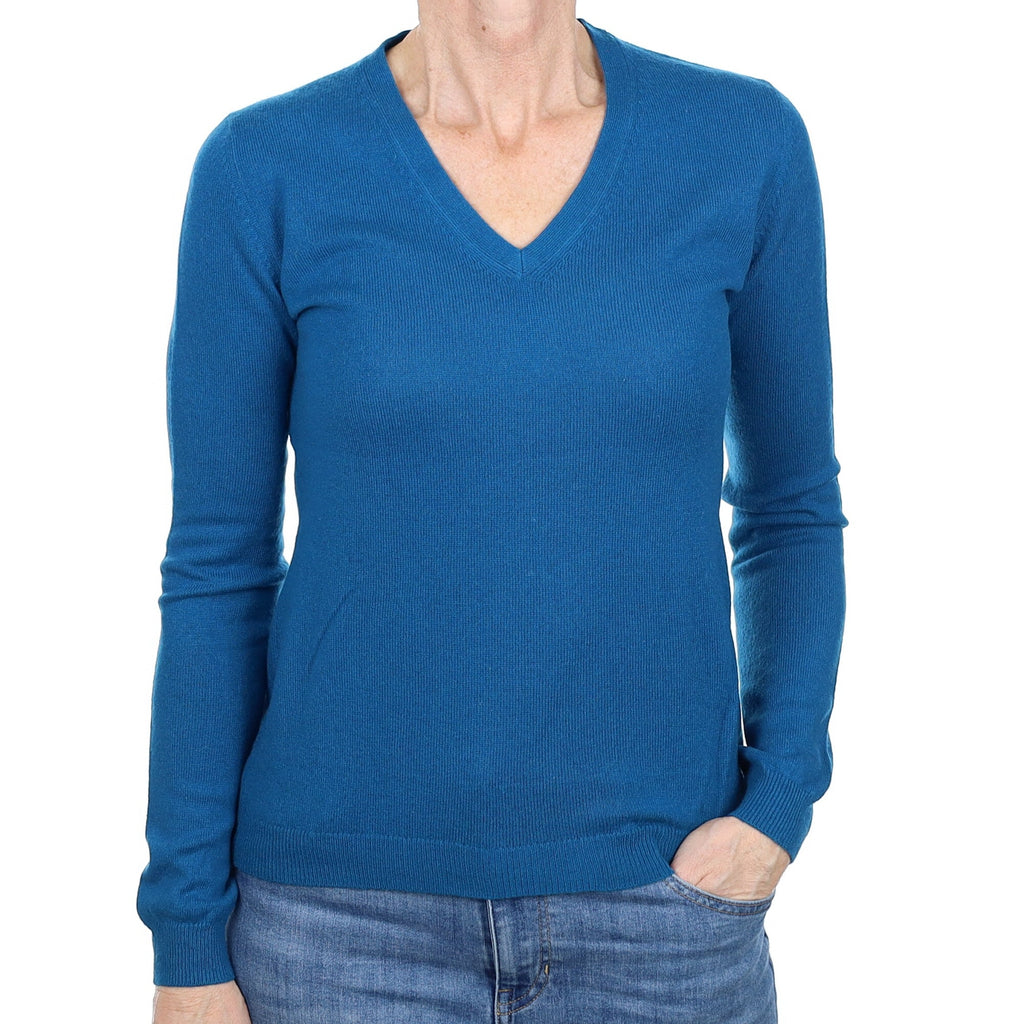 Teal Blue Cashmere V Neck Jumper Small