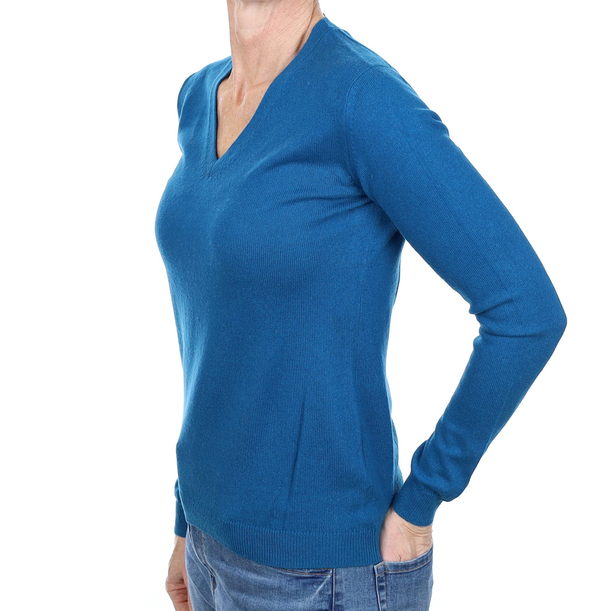 Teal Blue Cashmere V Neck Jumper Small