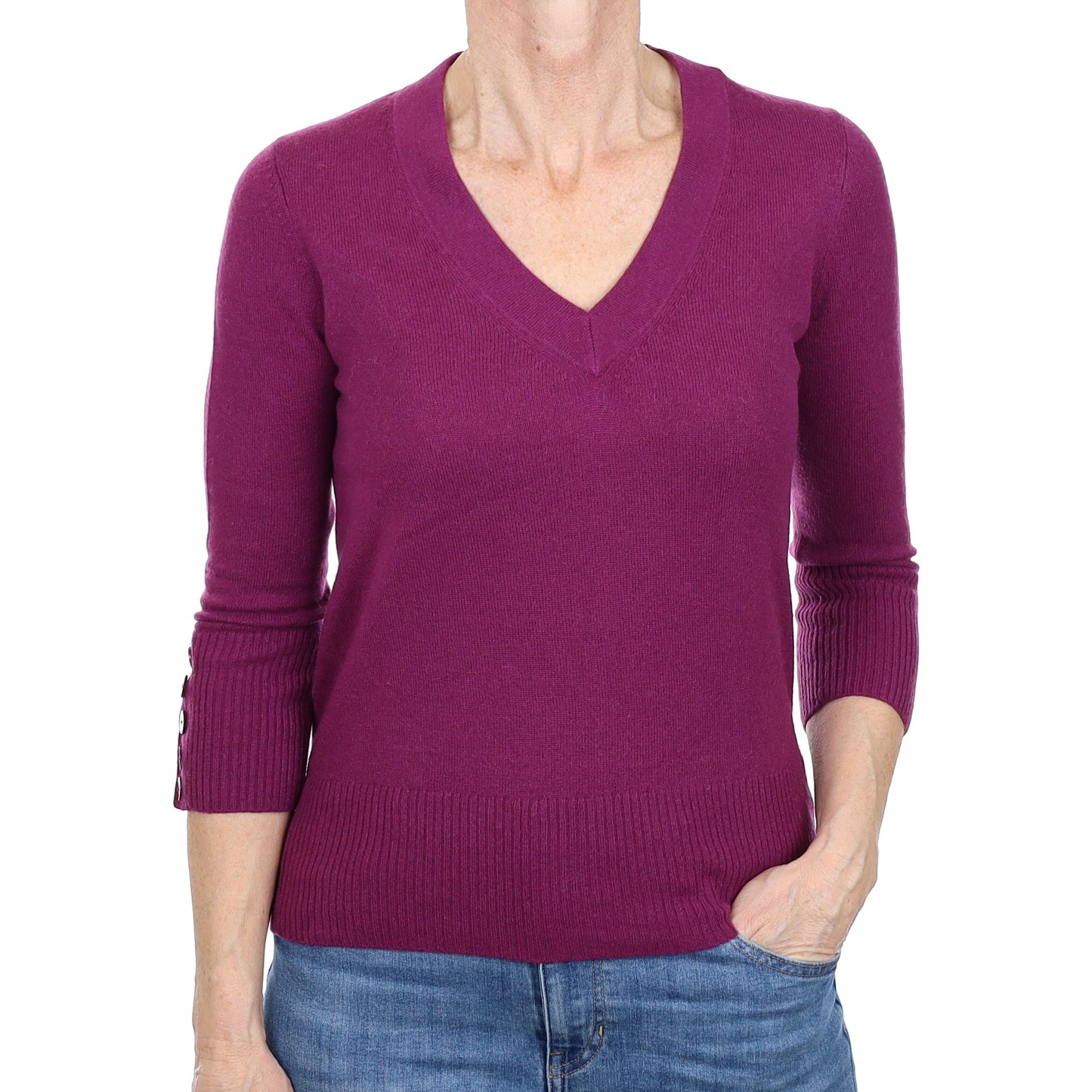 Plum Purple Cashmere V Neck Jumper Small
