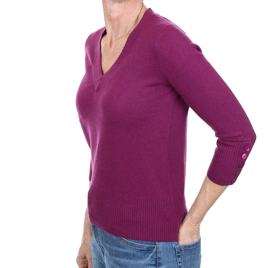 Plum Purple Cashmere V Neck Jumper Small