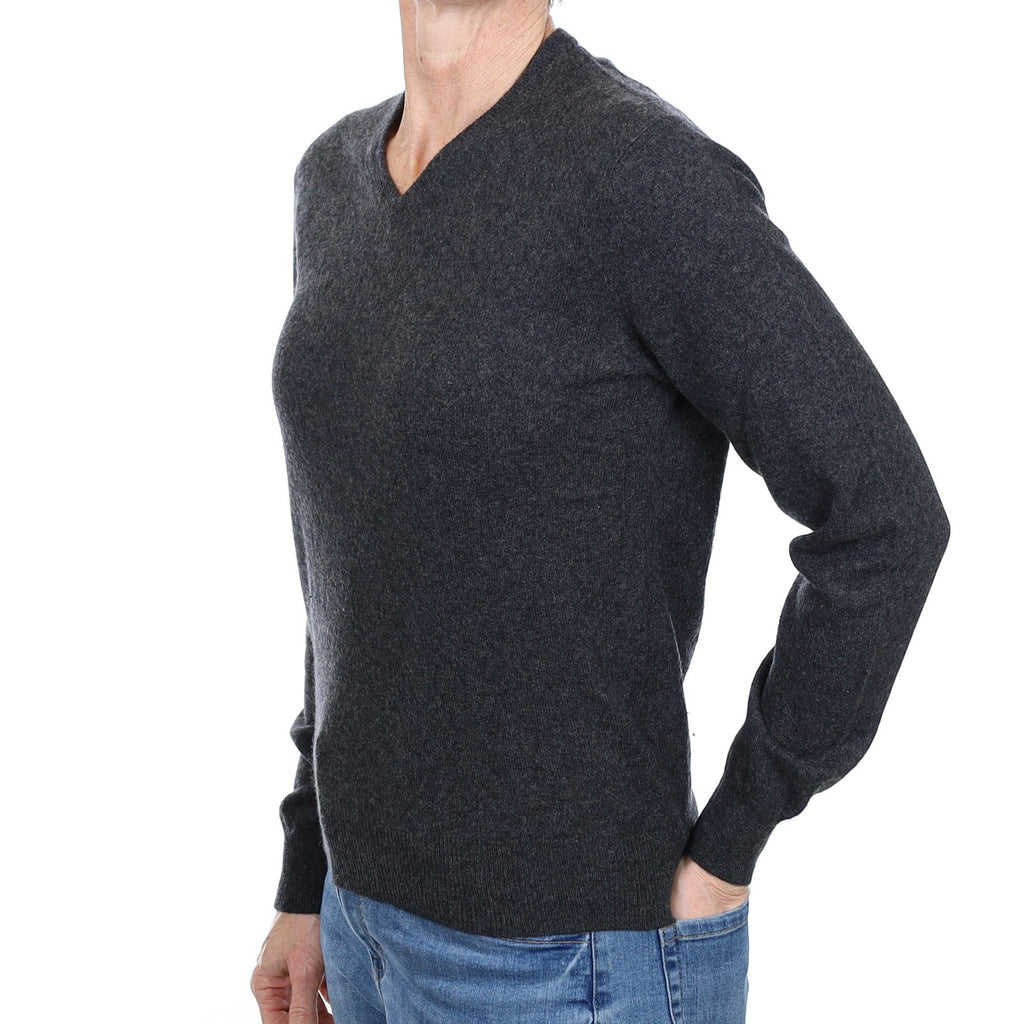 Charcoal Grey Cashmere V Neck Jumper Small