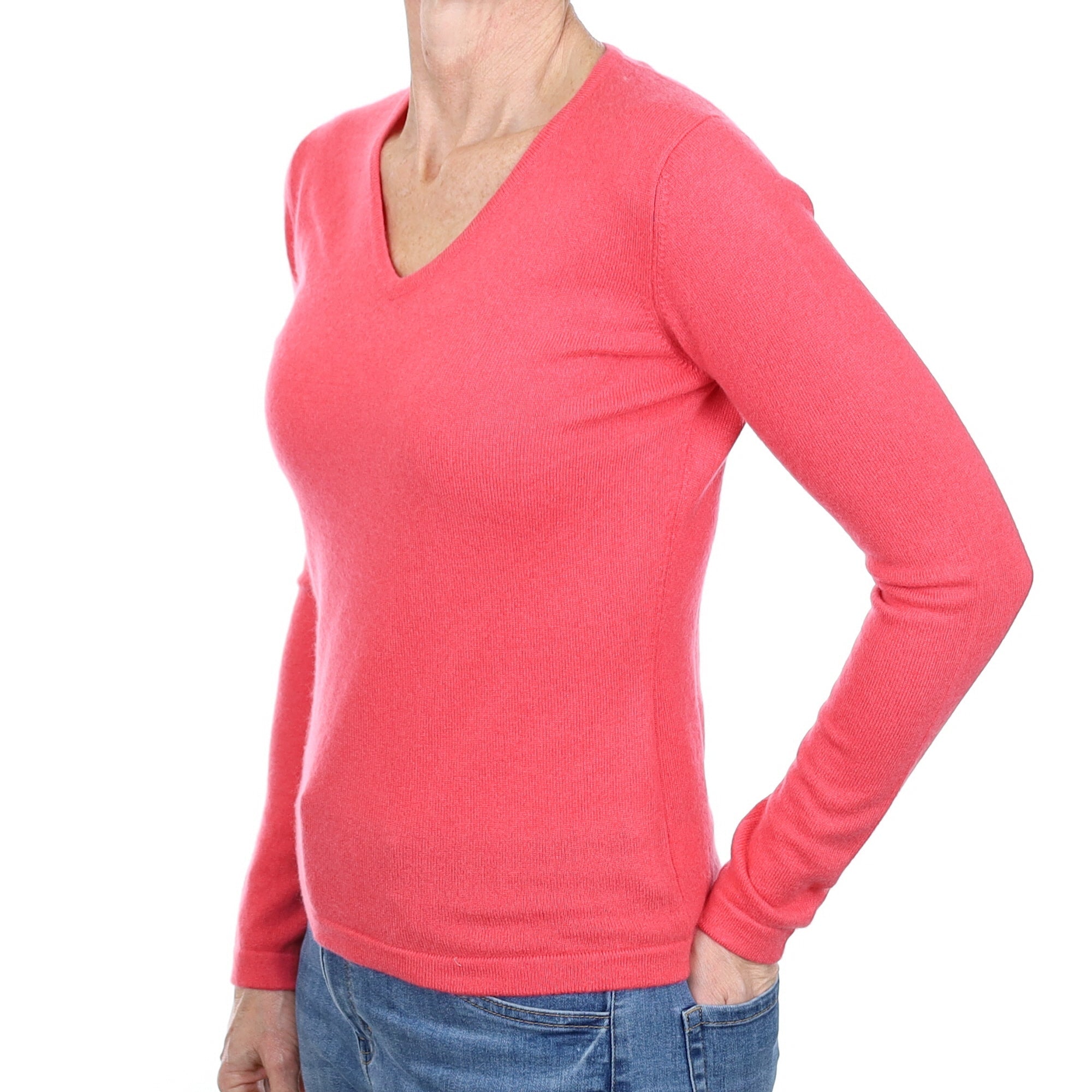 Deep Coral Pink Cashmere V Neck Jumper Small