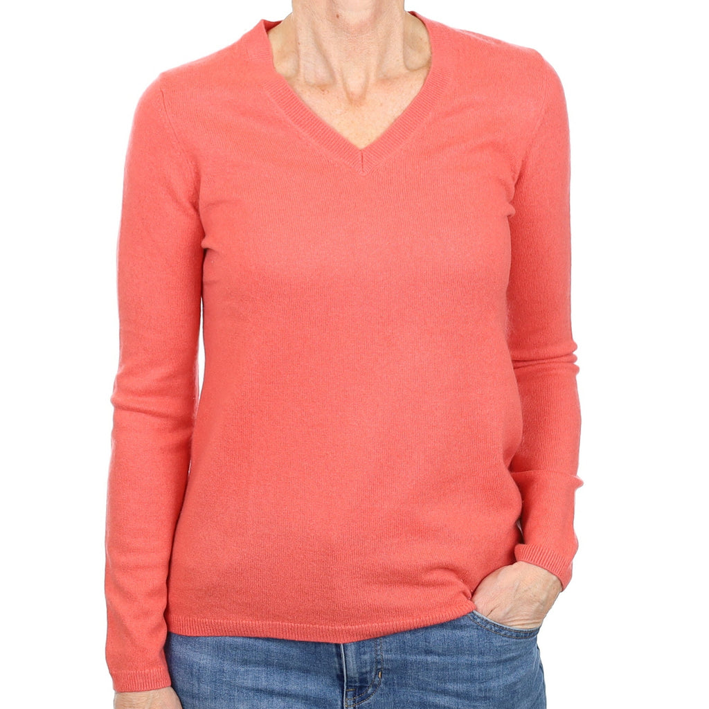 Coral Pink Cashmere V Neck Jumper Small