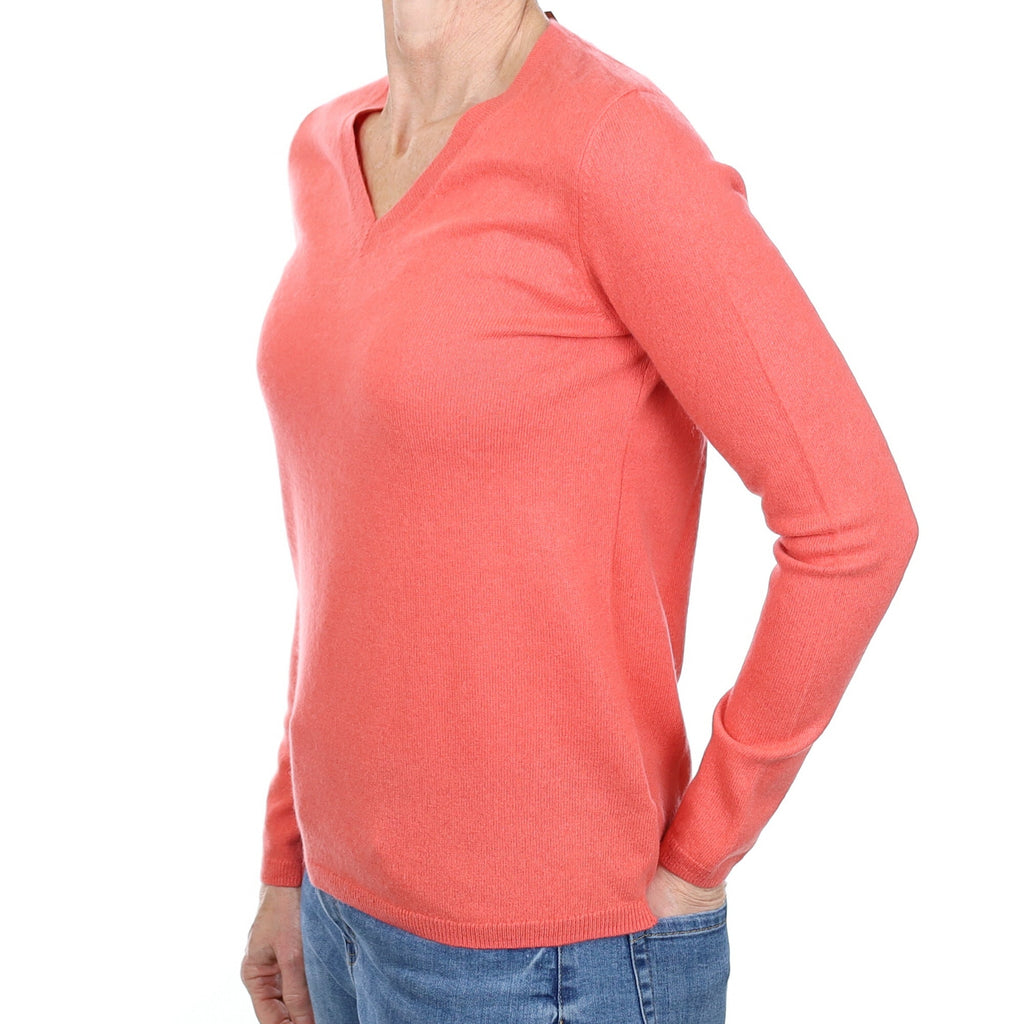 Coral Pink Cashmere V Neck Jumper Small