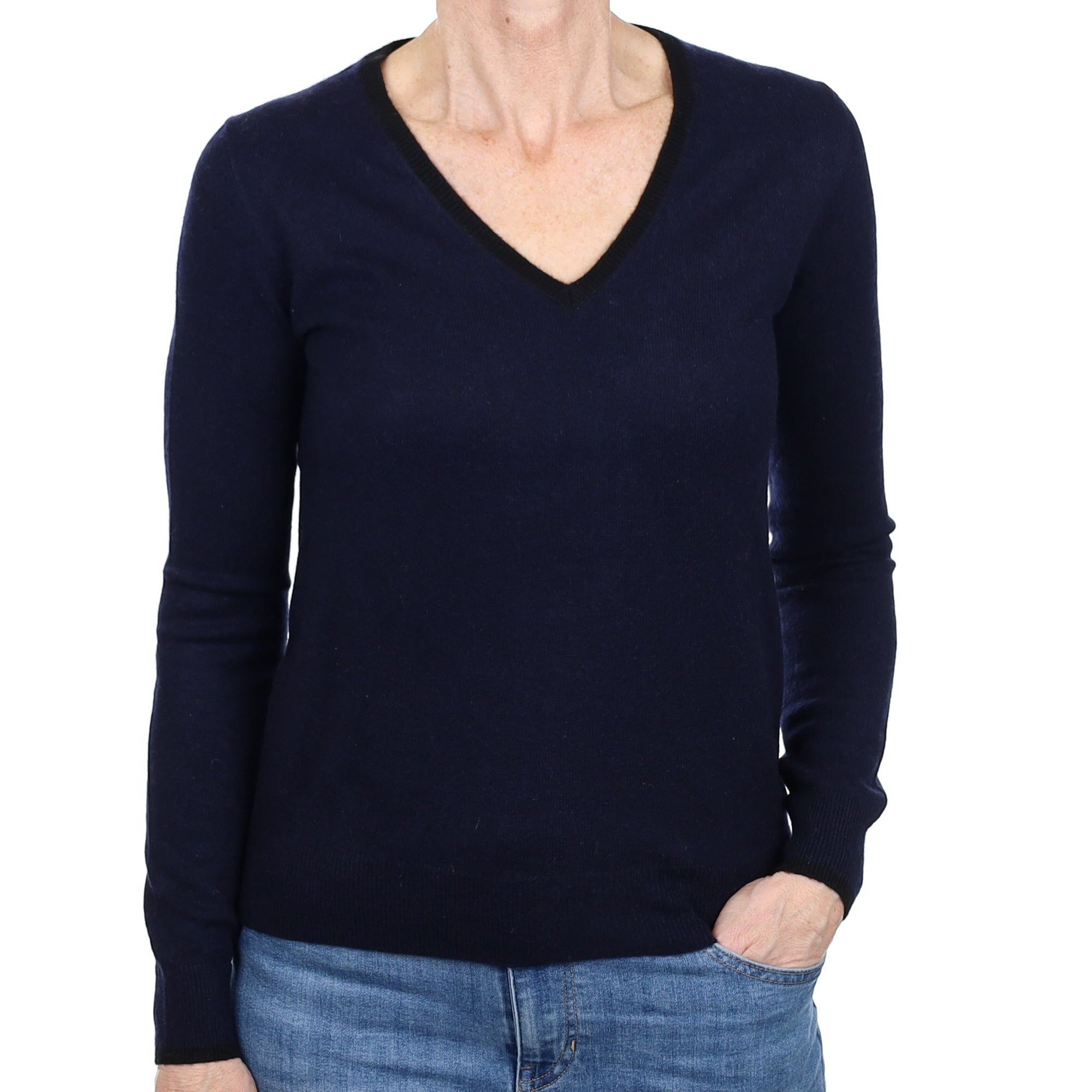 Navy Black Trim Cashmere V Neck Jumper Small