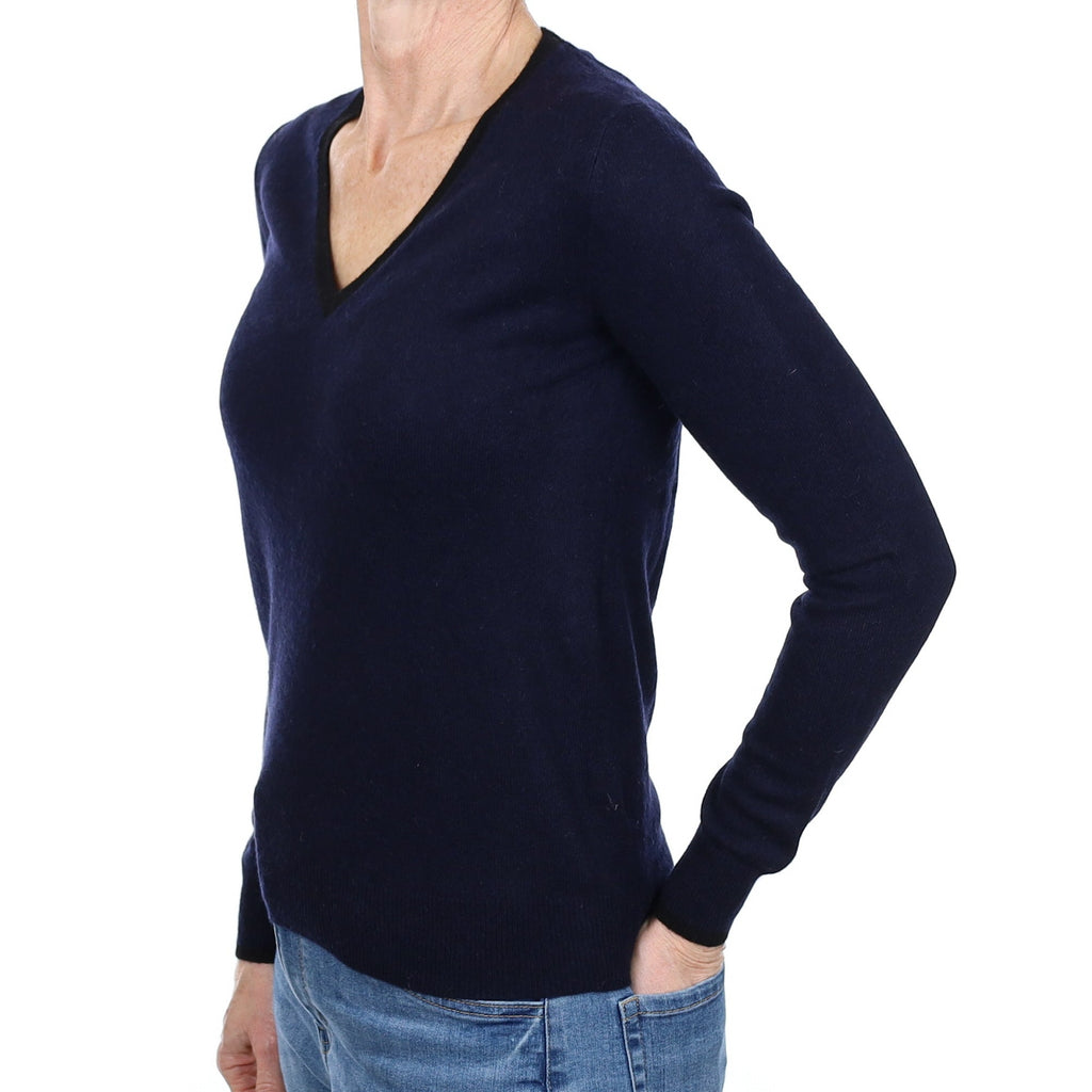 Navy Black Trim Cashmere V Neck Jumper Small