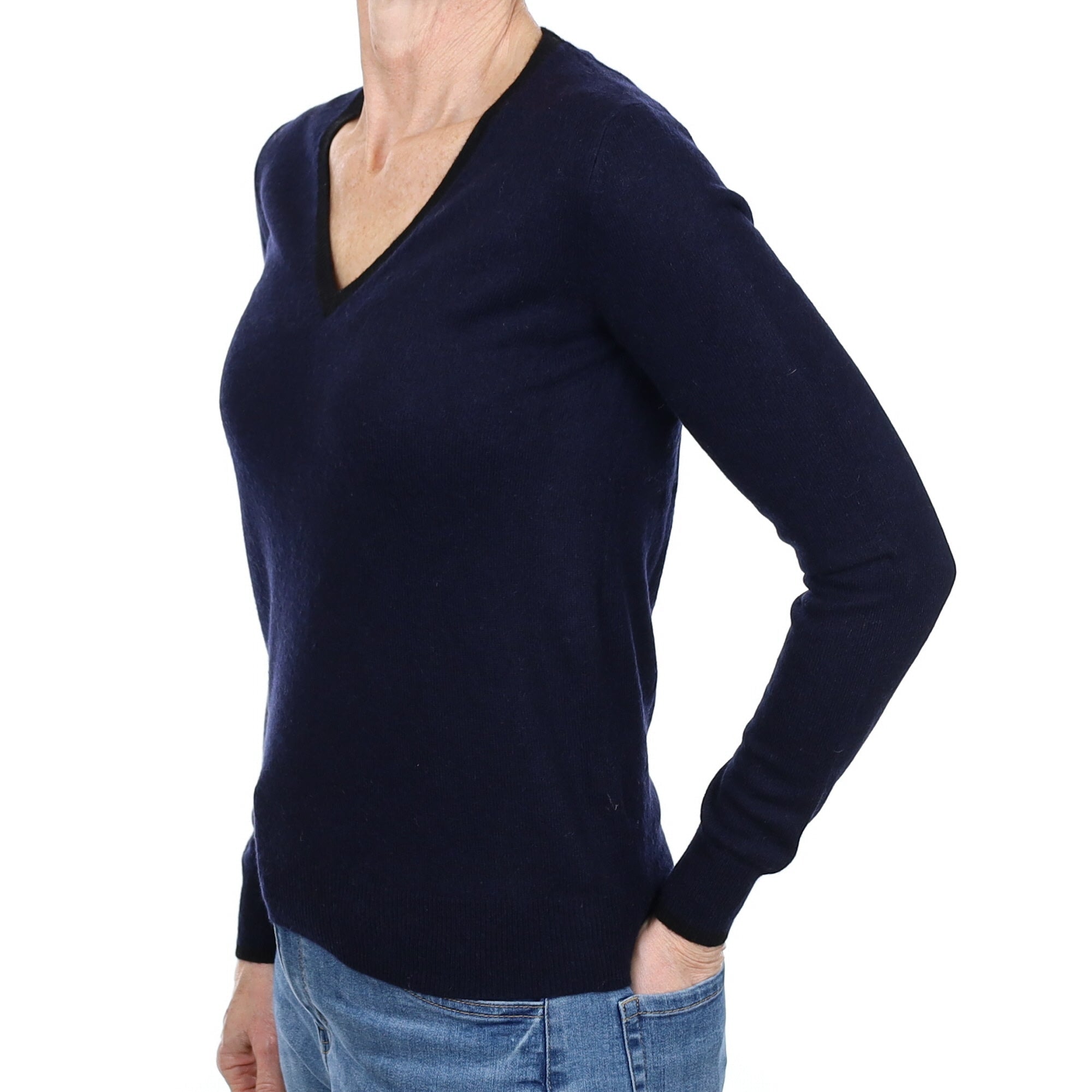 Navy Black Trim Cashmere V Neck Jumper Small