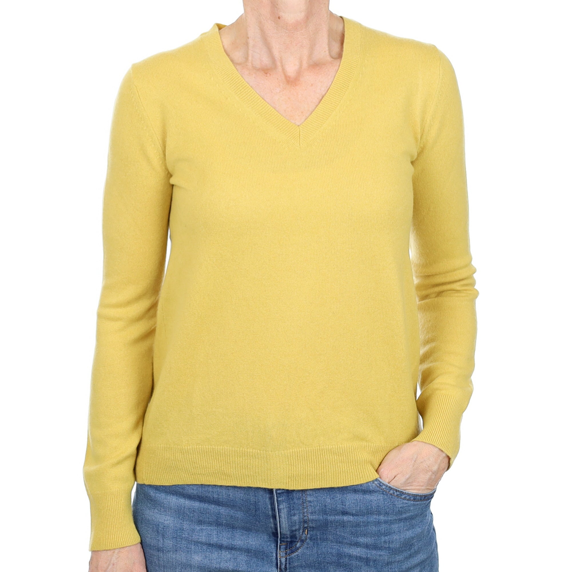 Flaxen Yellow Cashmere V Neck Jumper Small