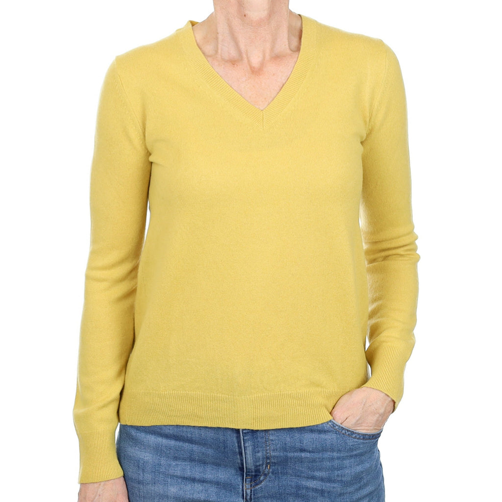 Flaxen Yellow Cashmere V Neck Jumper Small