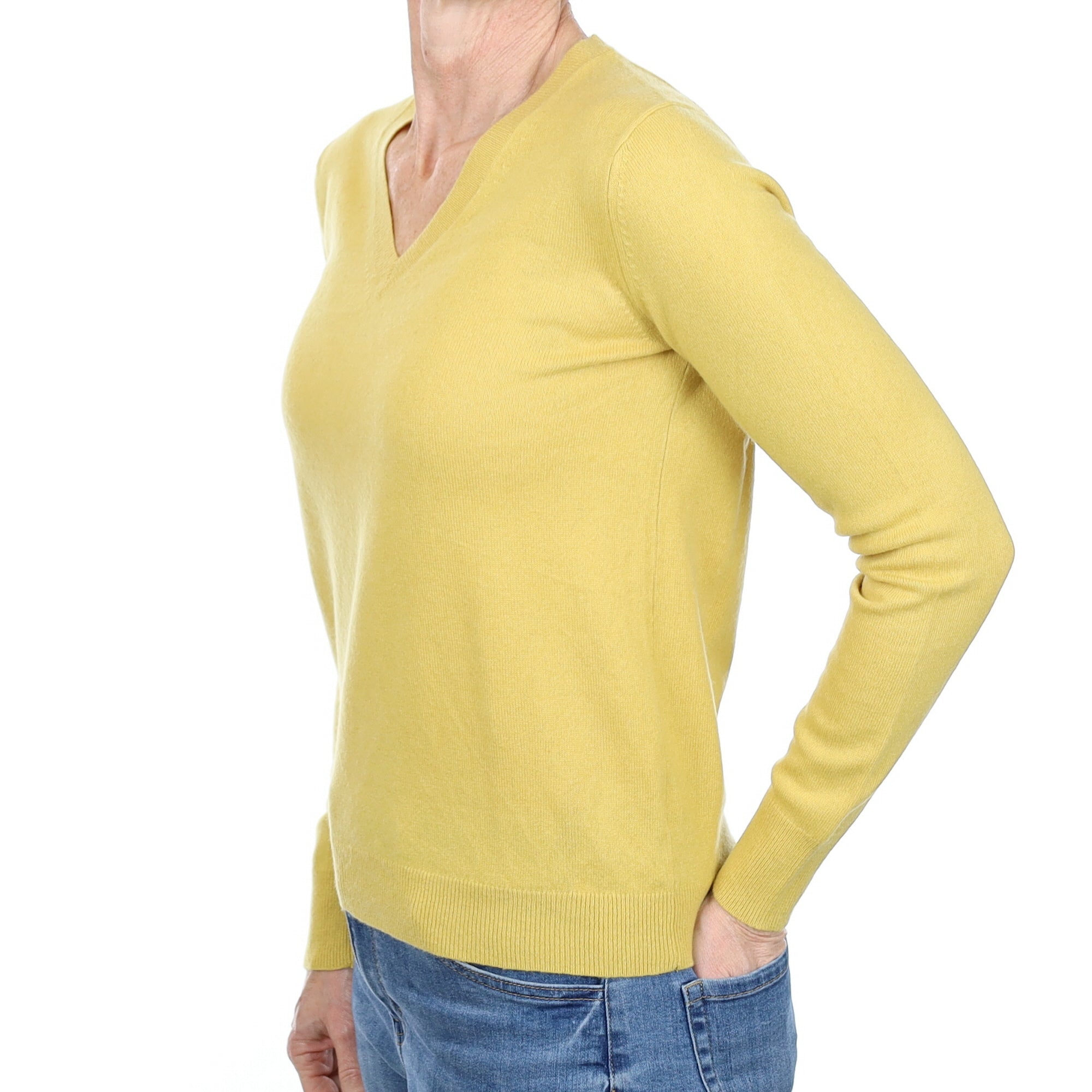 Flaxen Yellow Cashmere V Neck Jumper Small