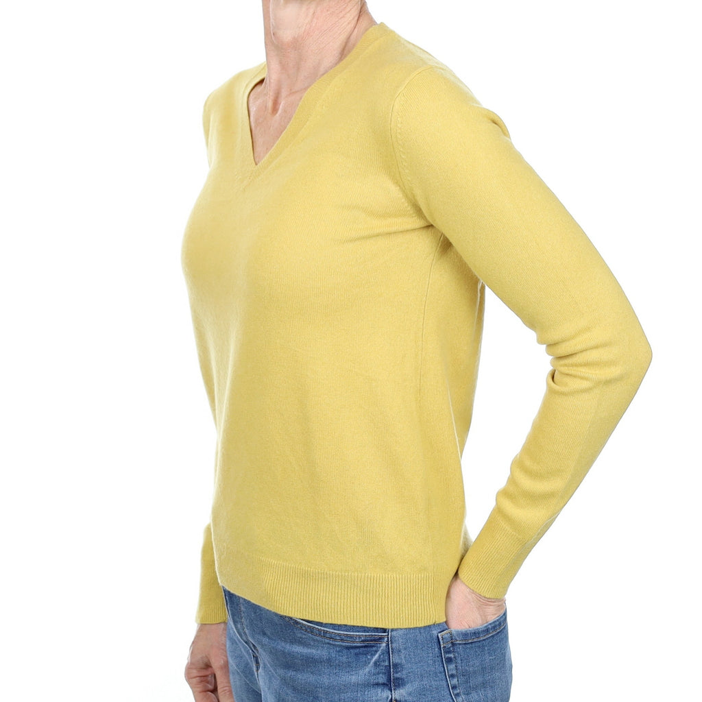 Flaxen Yellow Cashmere V Neck Jumper Small