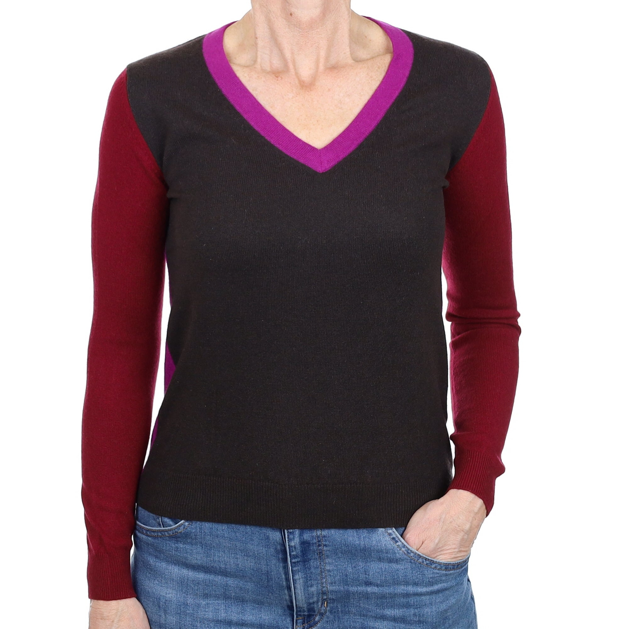 Chocolate Burgundy and Magenta Cashmere V Neck Jumper Small