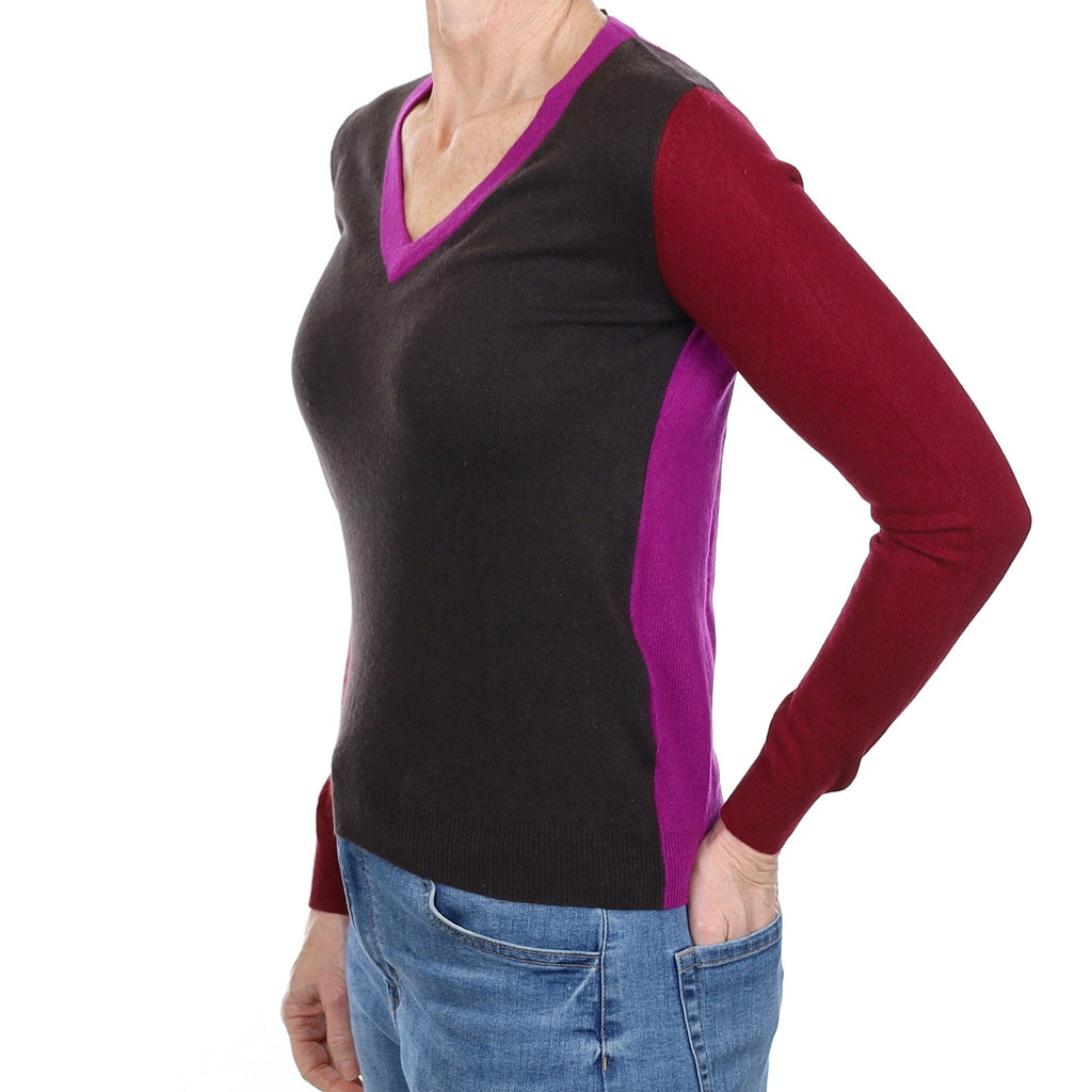 Chocolate Burgundy and Magenta Cashmere V Neck Jumper Small