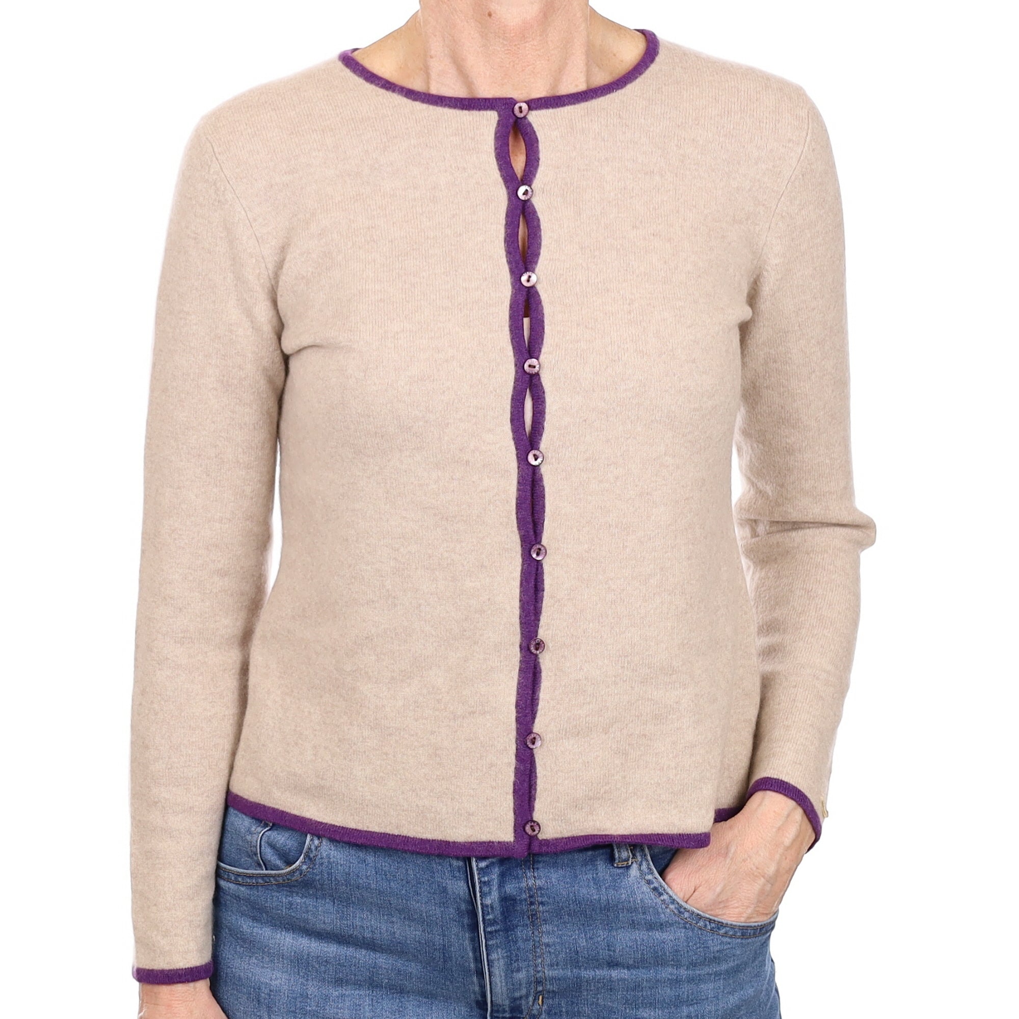 Oatmeal Purple Trim Cashmere Crew Neck Cardigan Small