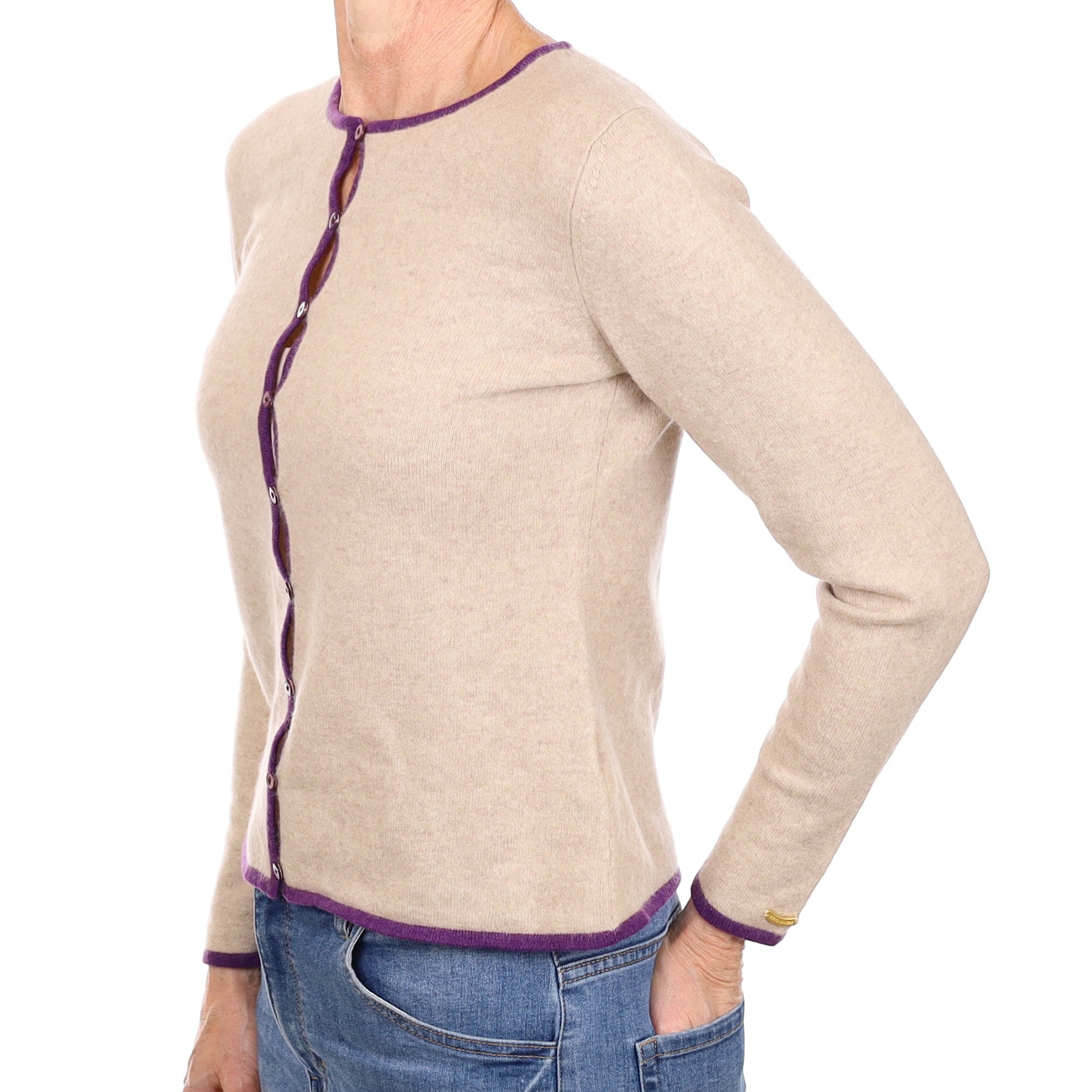 Oatmeal Purple Trim Cashmere Crew Neck Cardigan Small