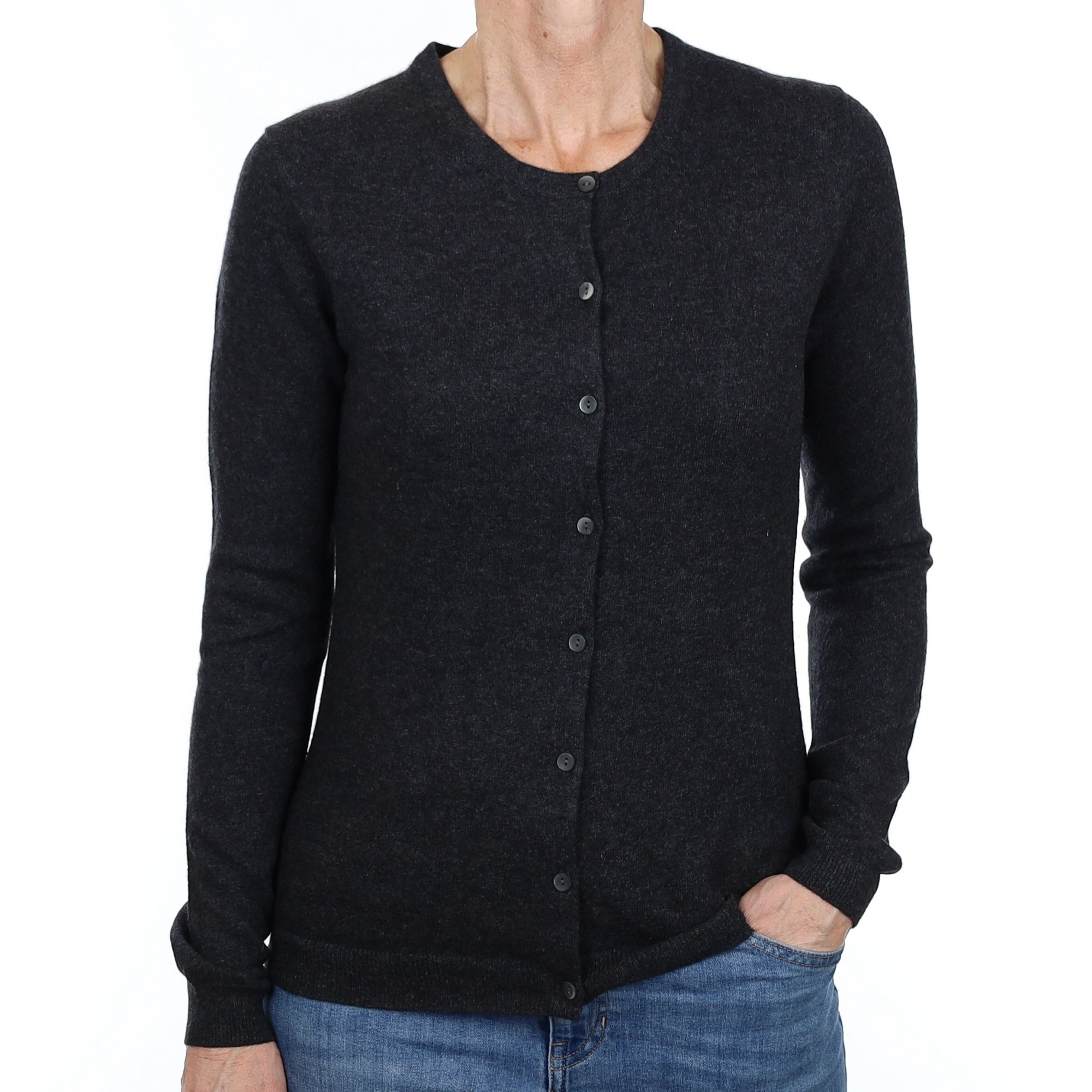 Charcoal Grey Cashmere Crew Neck Cardigan Small