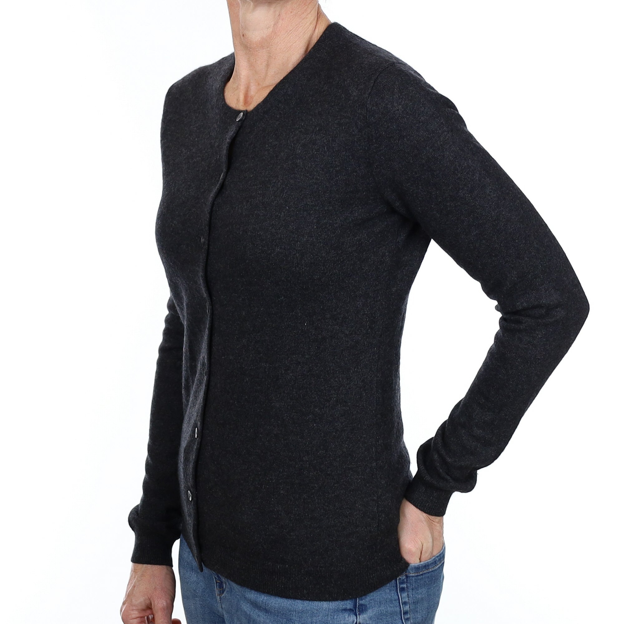 Charcoal Grey Cashmere Crew Neck Cardigan Small