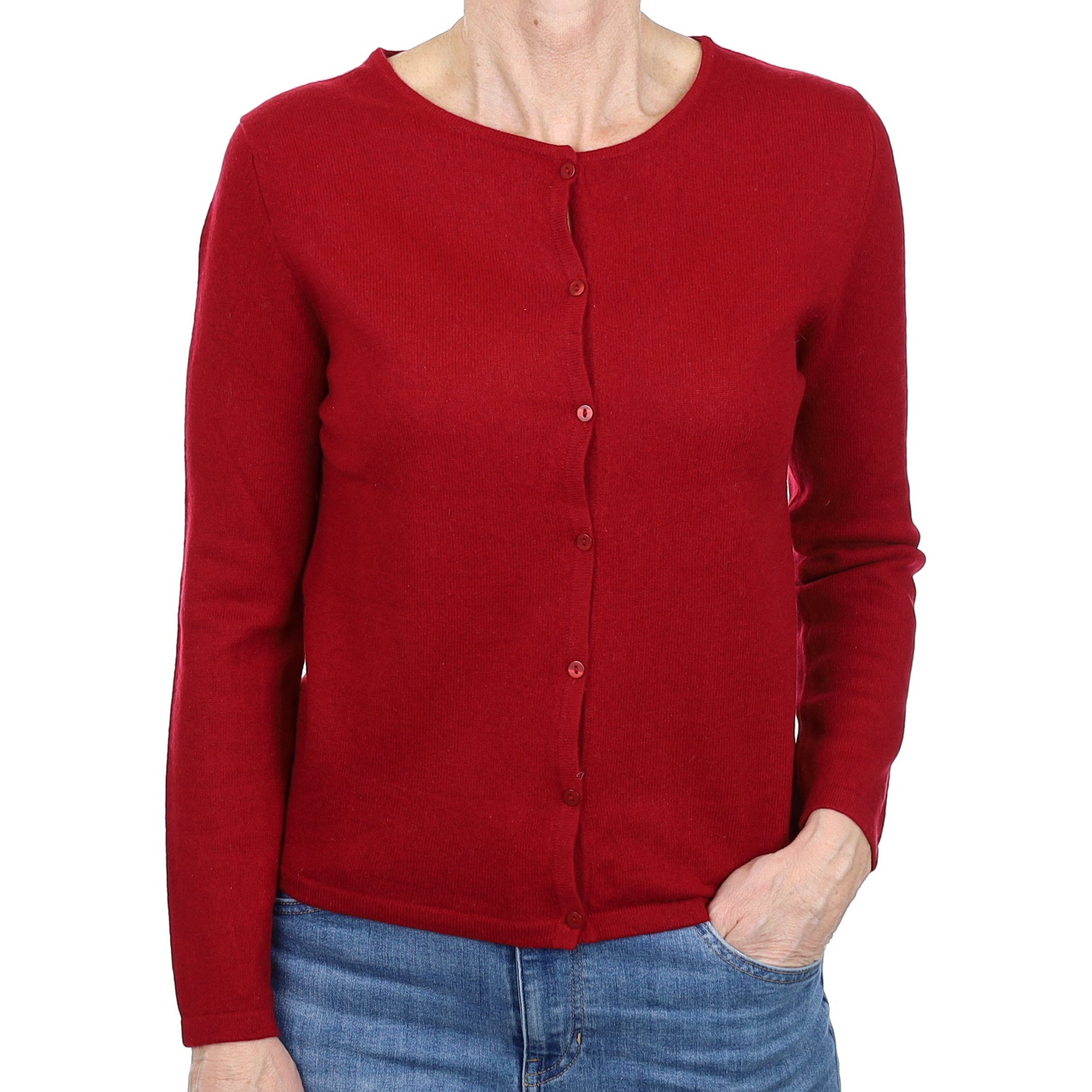 Burgundy Red Cashmere Crew Neck Cardigan Small