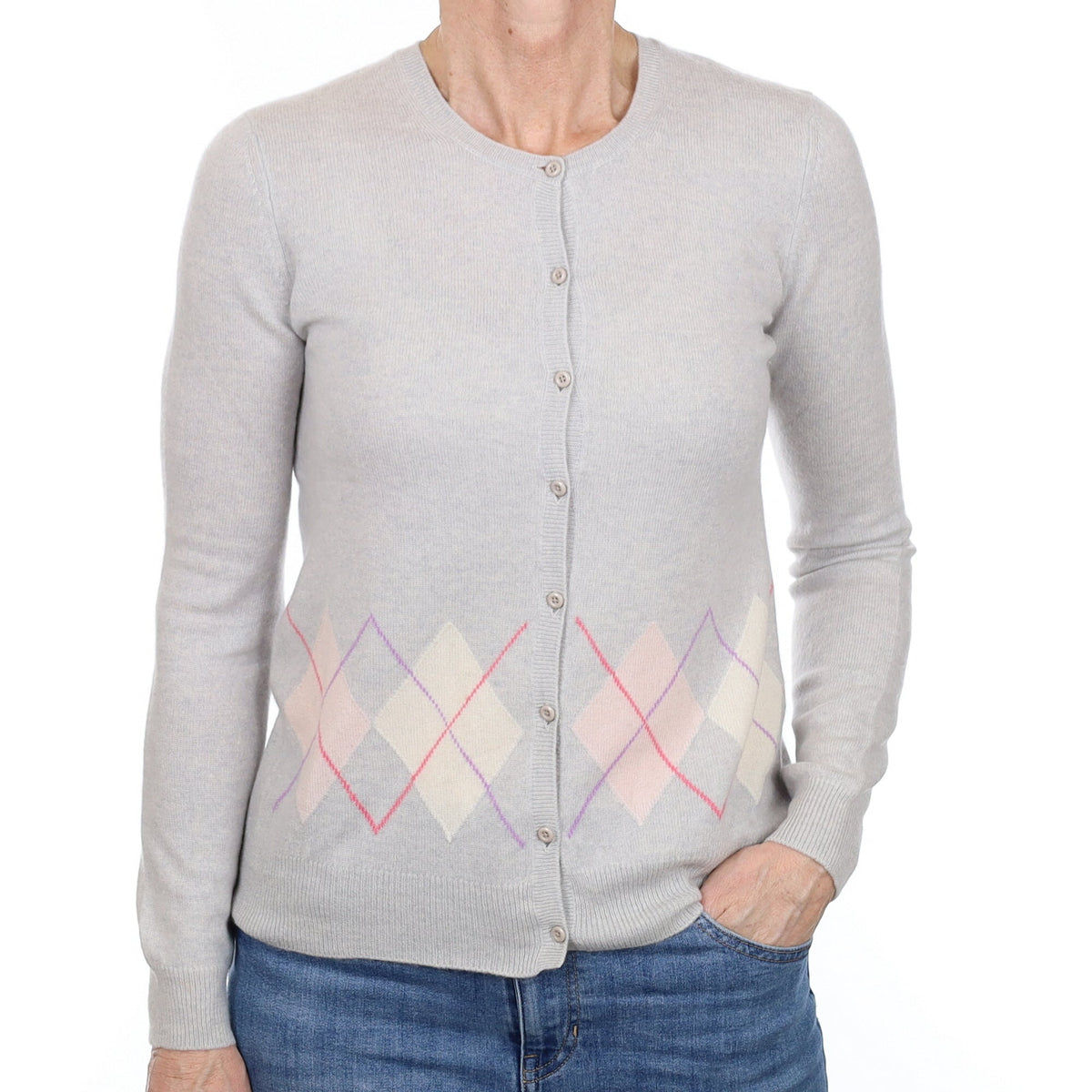 Hazy Blue Diamond Cashmere Crew Neck Cardigan Small