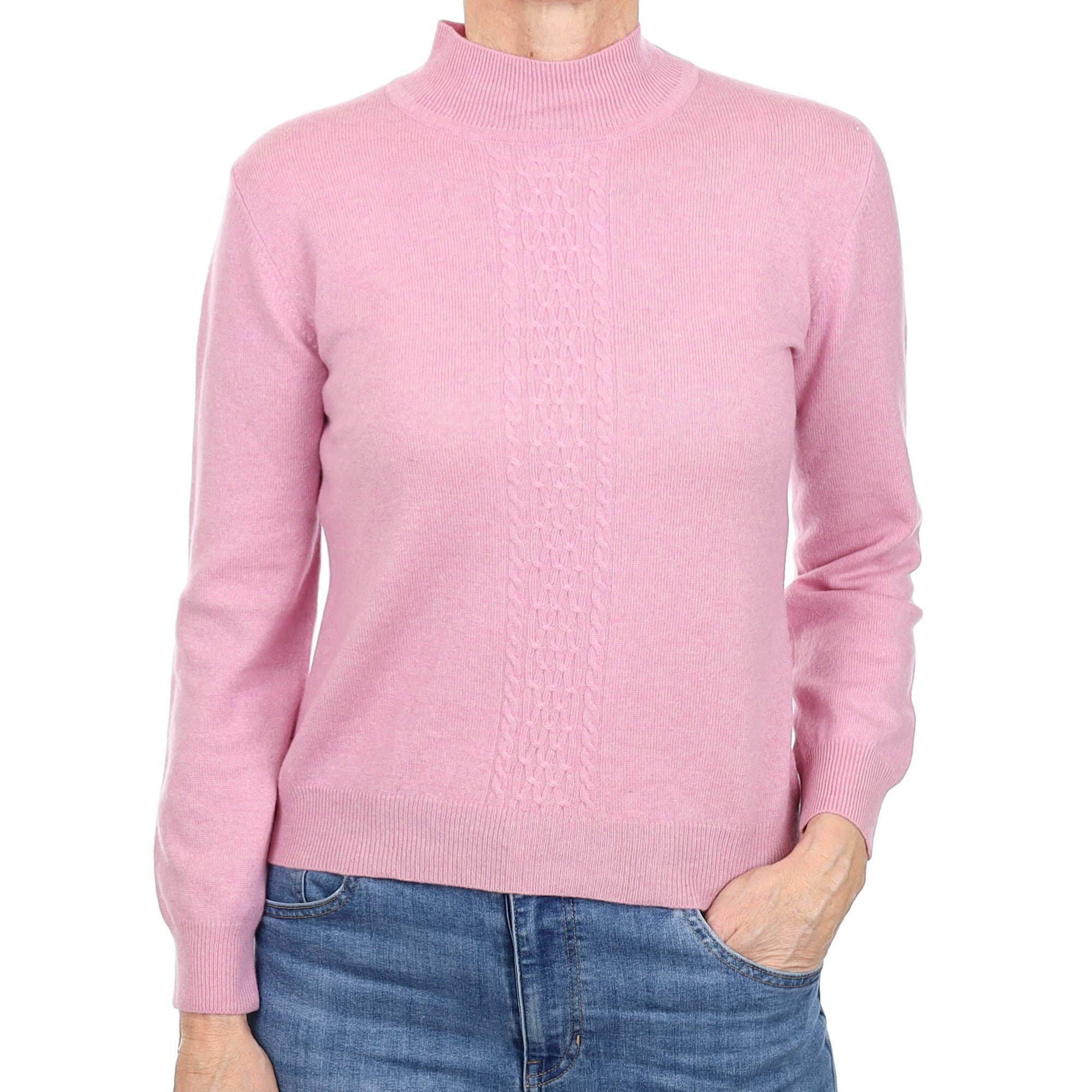 Foxglove Pink Cable Detail Cashmere Turtle Neck Jumper Small