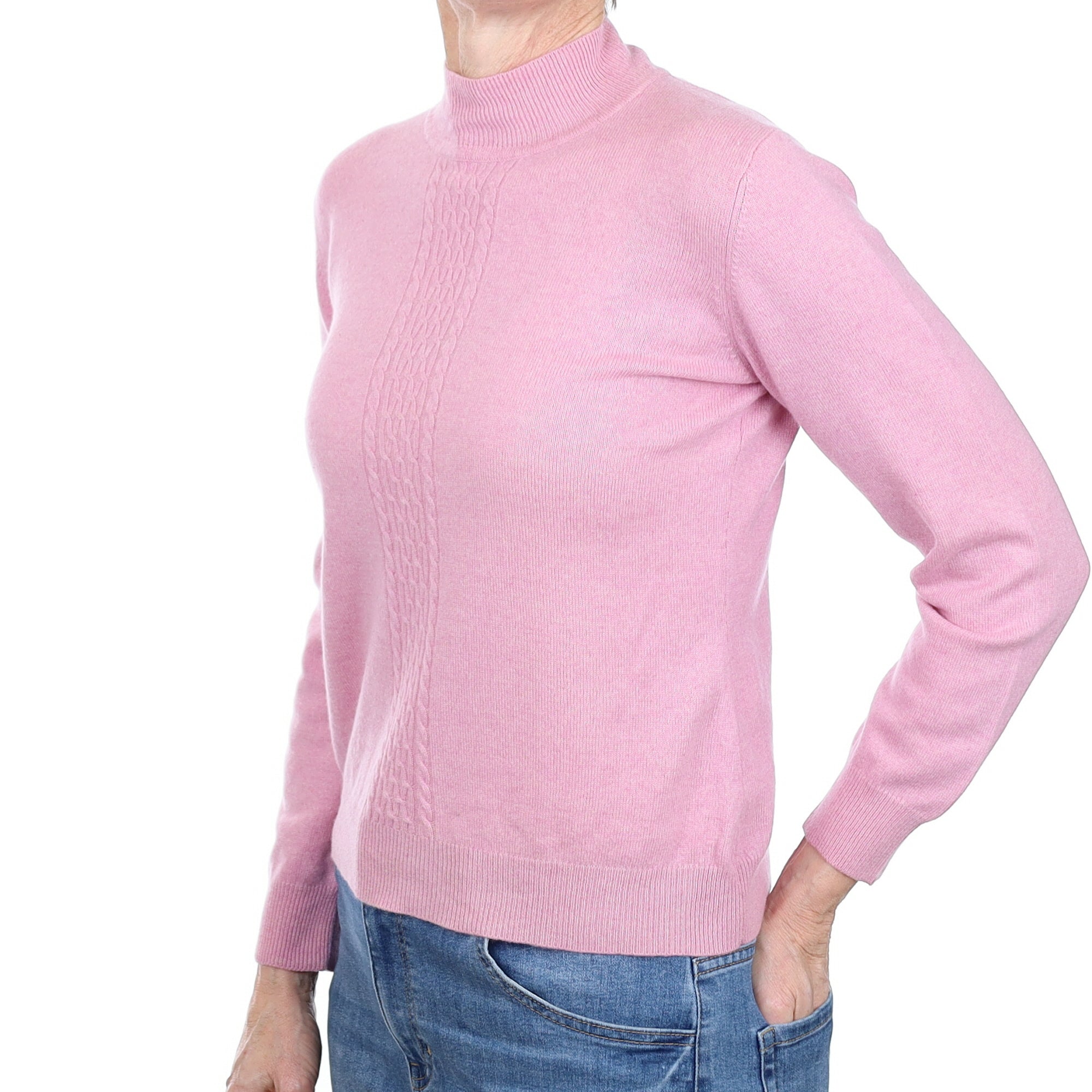 Foxglove Pink Cable Detail Cashmere Turtle Neck Jumper Small