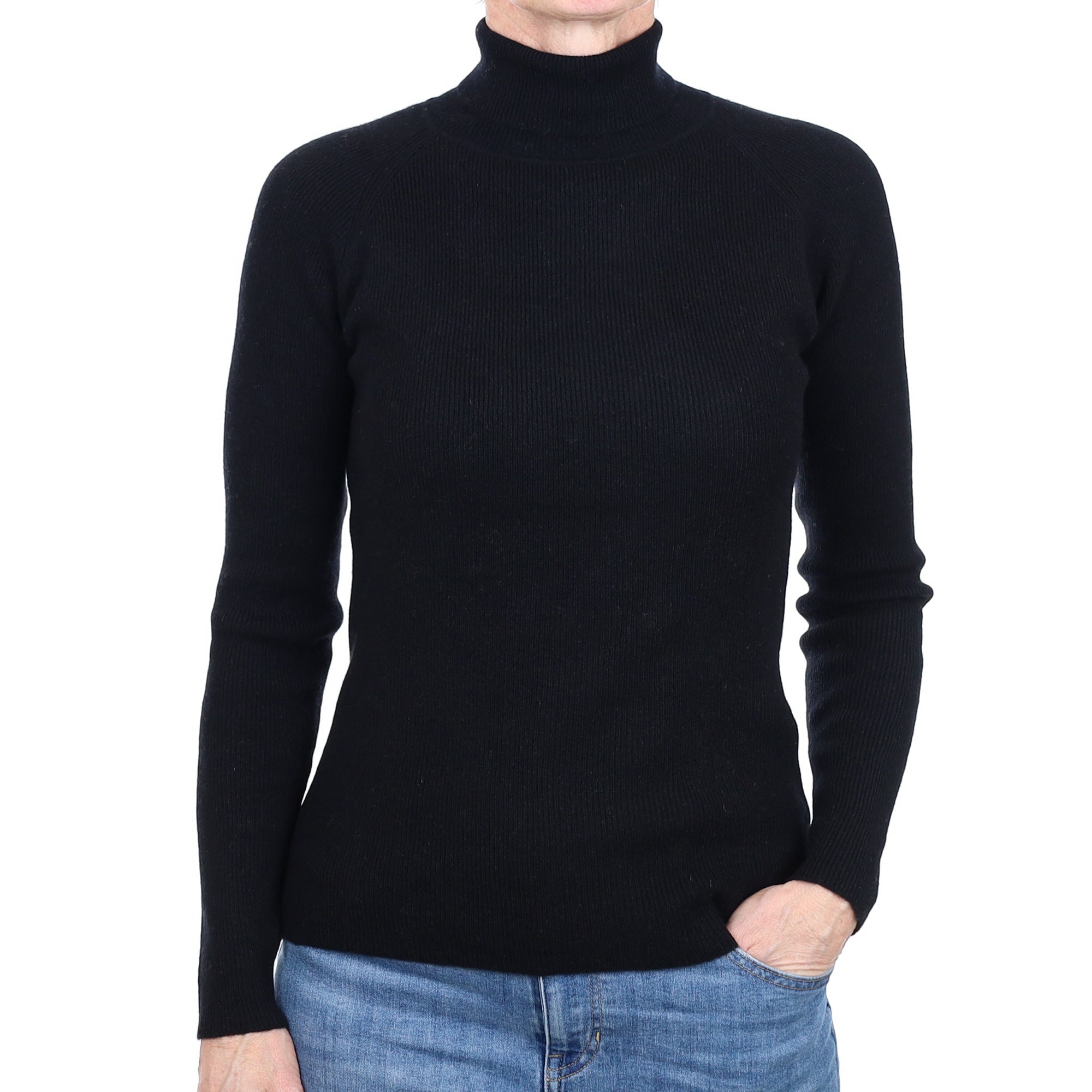 Black Rib Cashmere Polo Neck Jumper Small