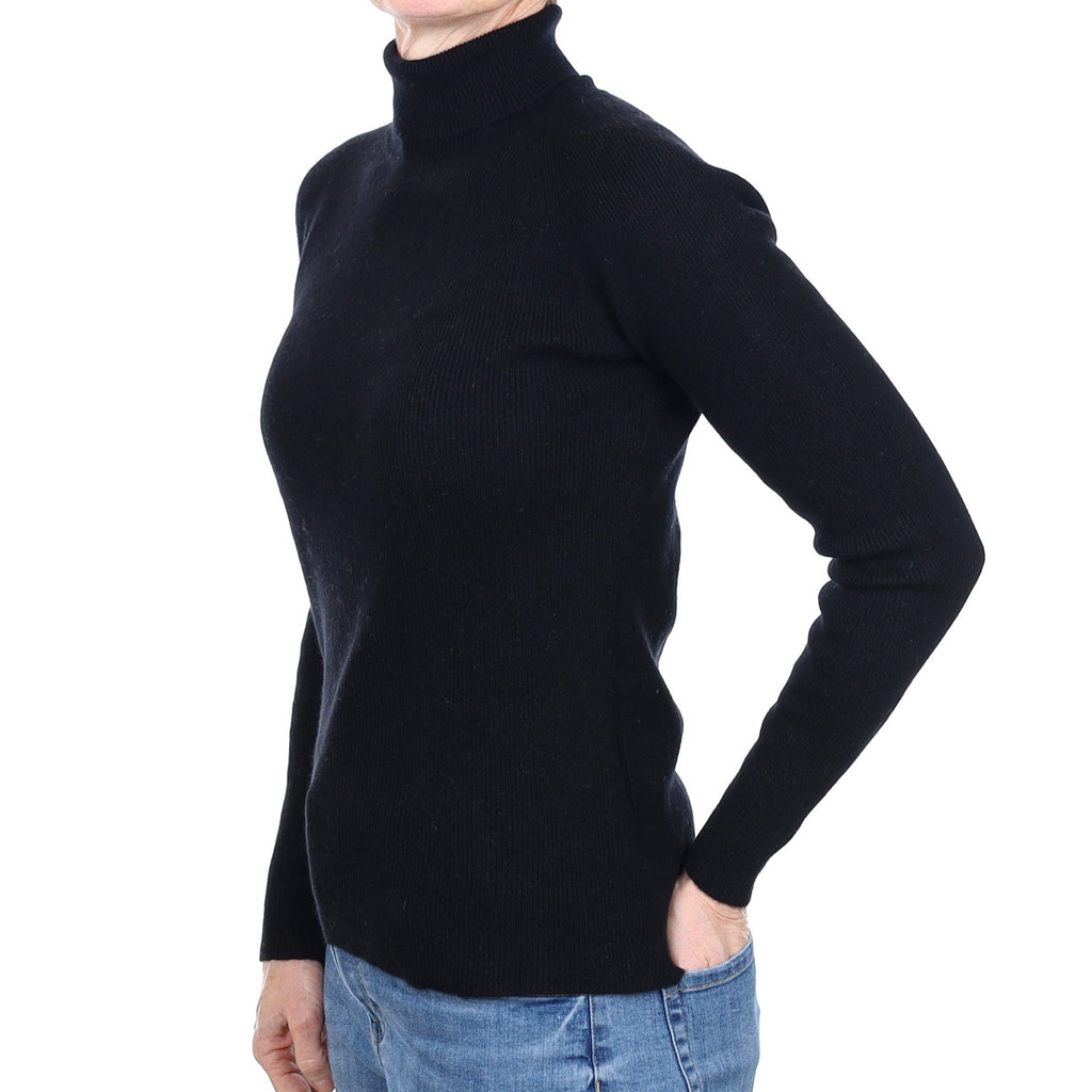 Black Rib Cashmere Polo Neck Jumper Small