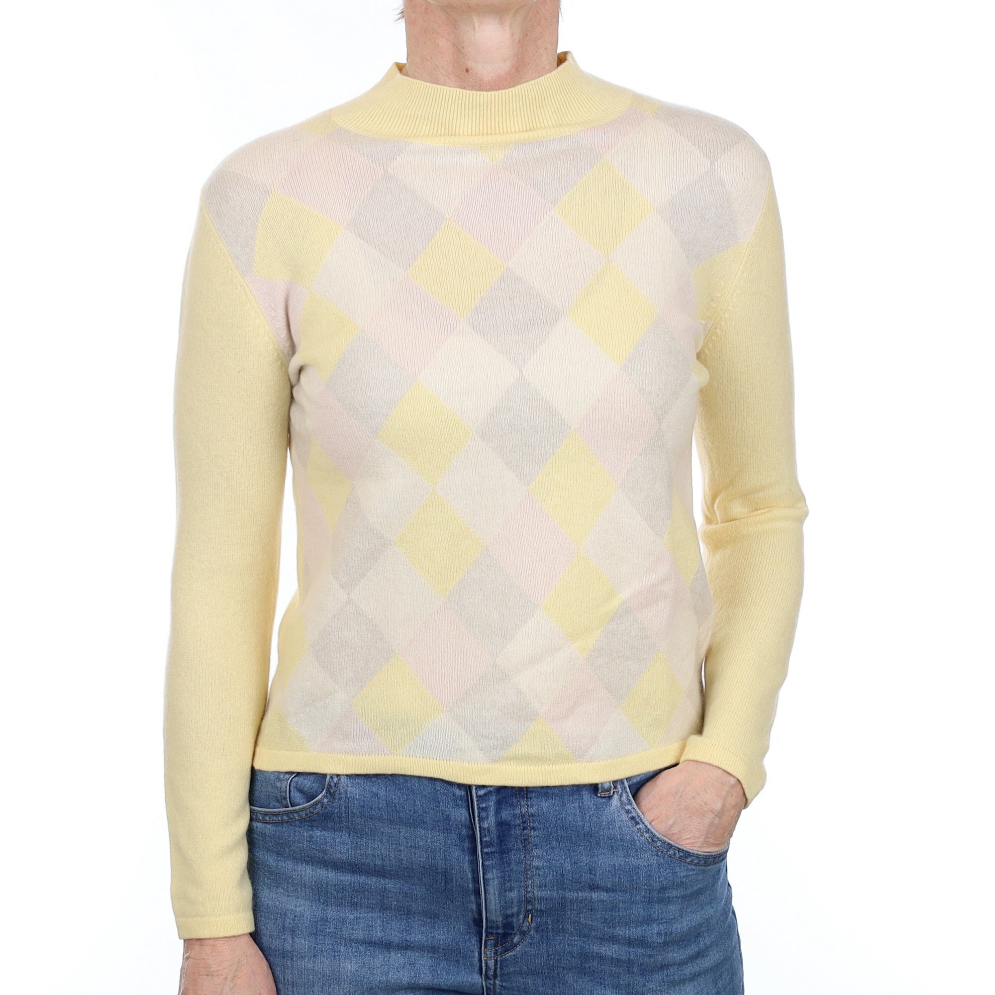 Yellow Pastel Diamond Cashmere Turtle Neck Jumper Small