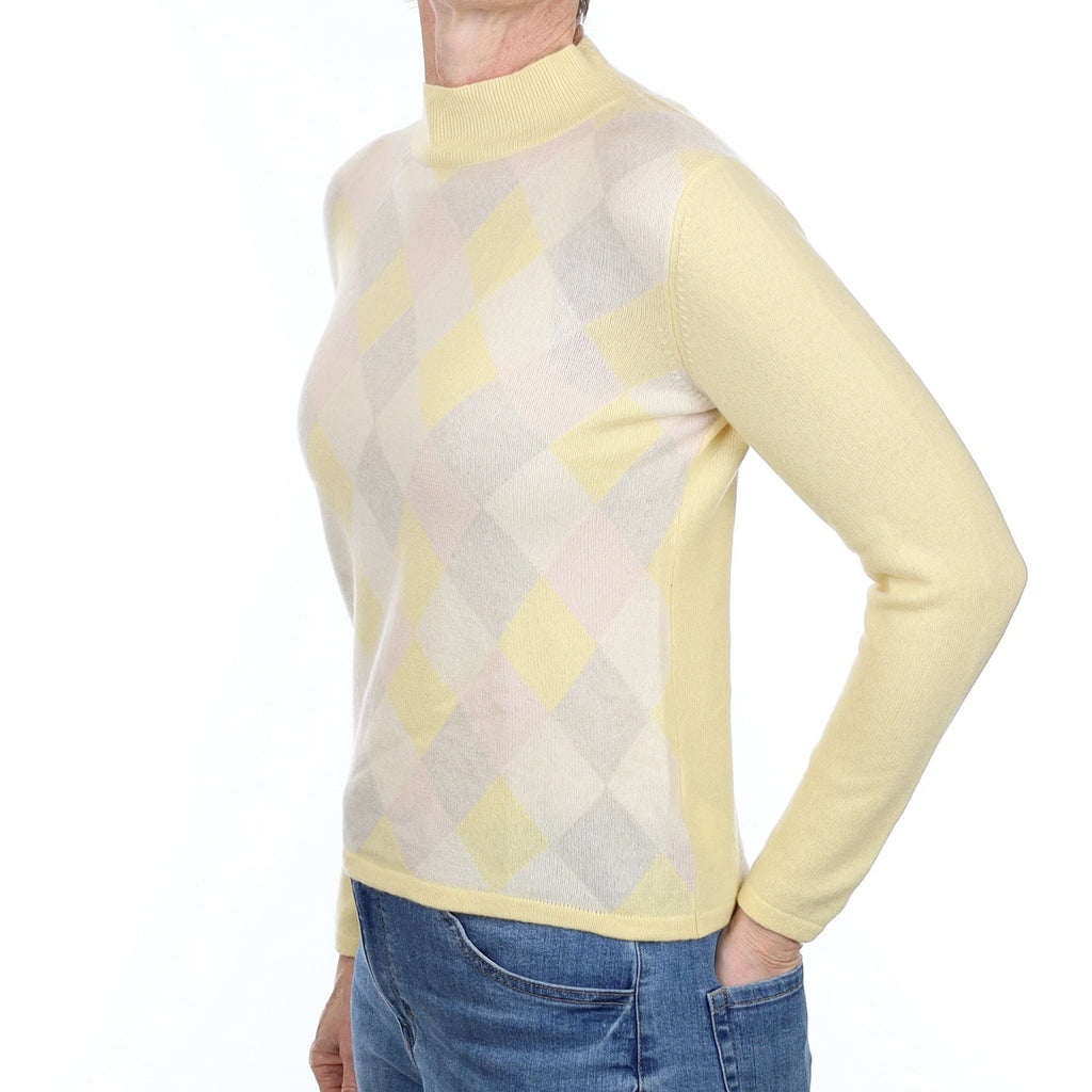Yellow Pastel Diamond Cashmere Turtle Neck Jumper Small