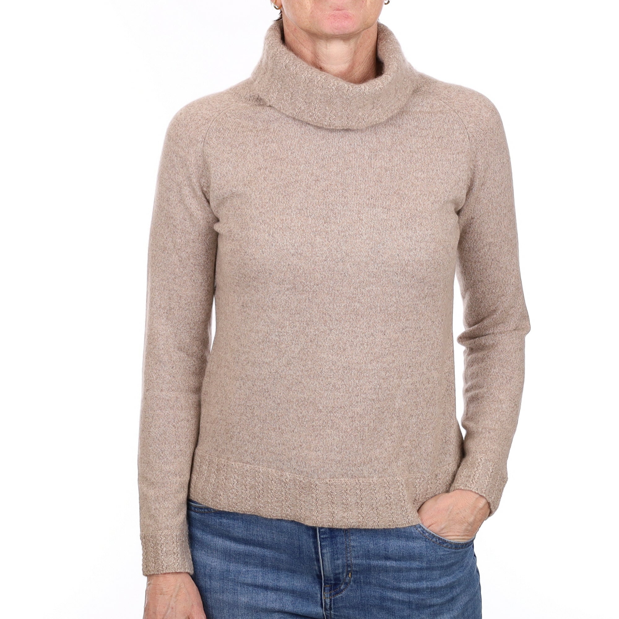 Biscuit Brown Textured Cashmere Polo Neck Jumper Small