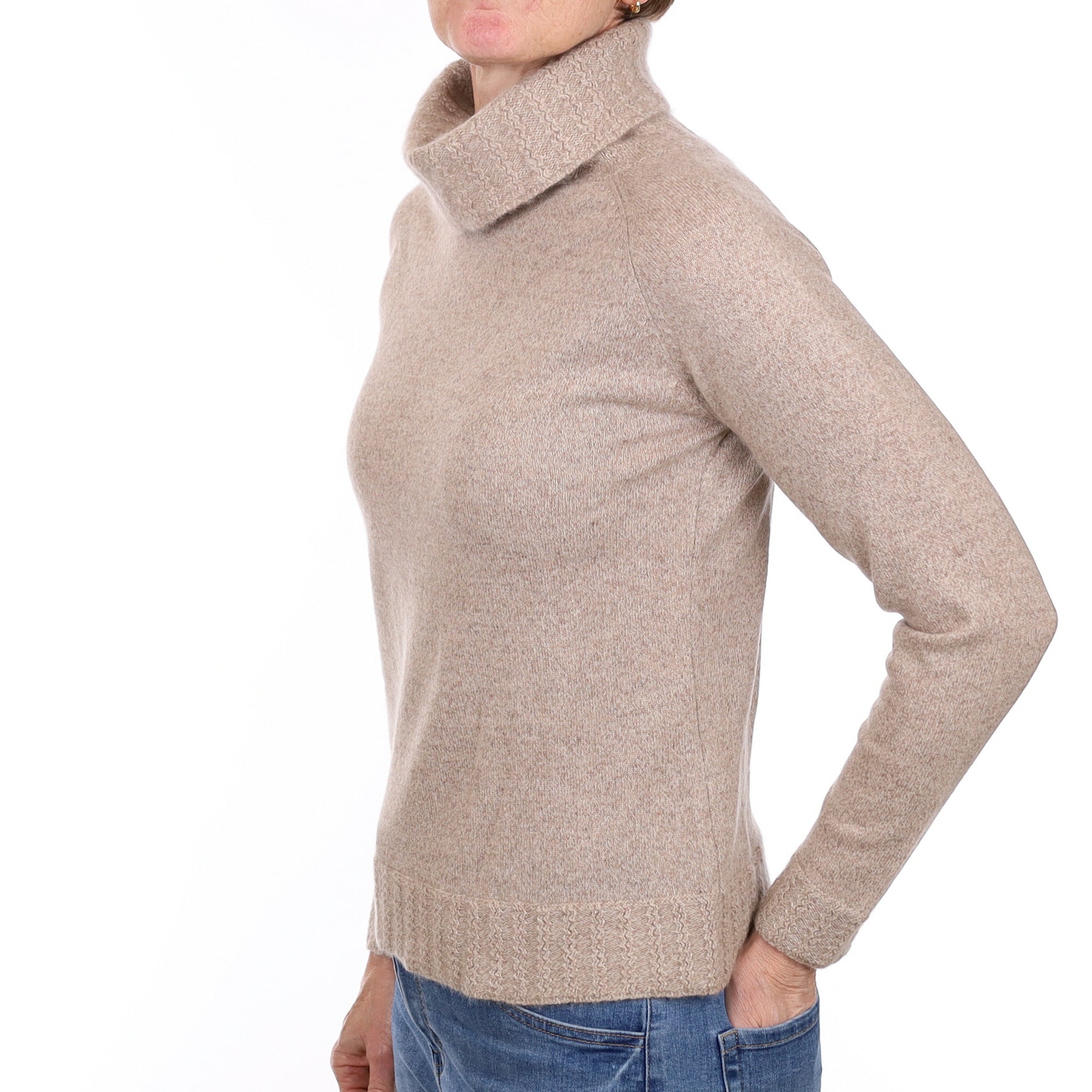 Biscuit Brown Textured Cashmere Polo Neck Jumper Small