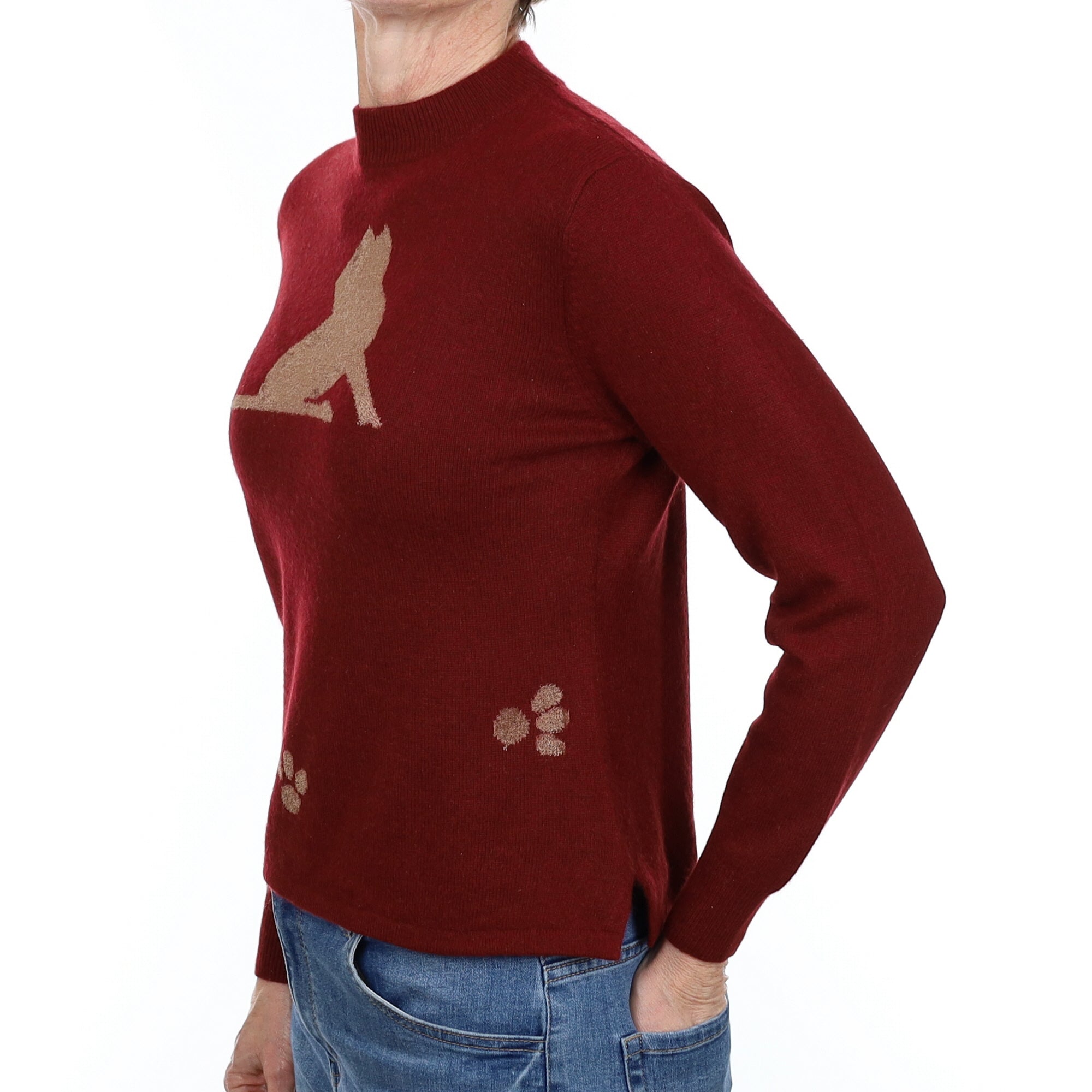 Burgundy Red Cat Motif Cashmere Turtle Neck Jumper Small