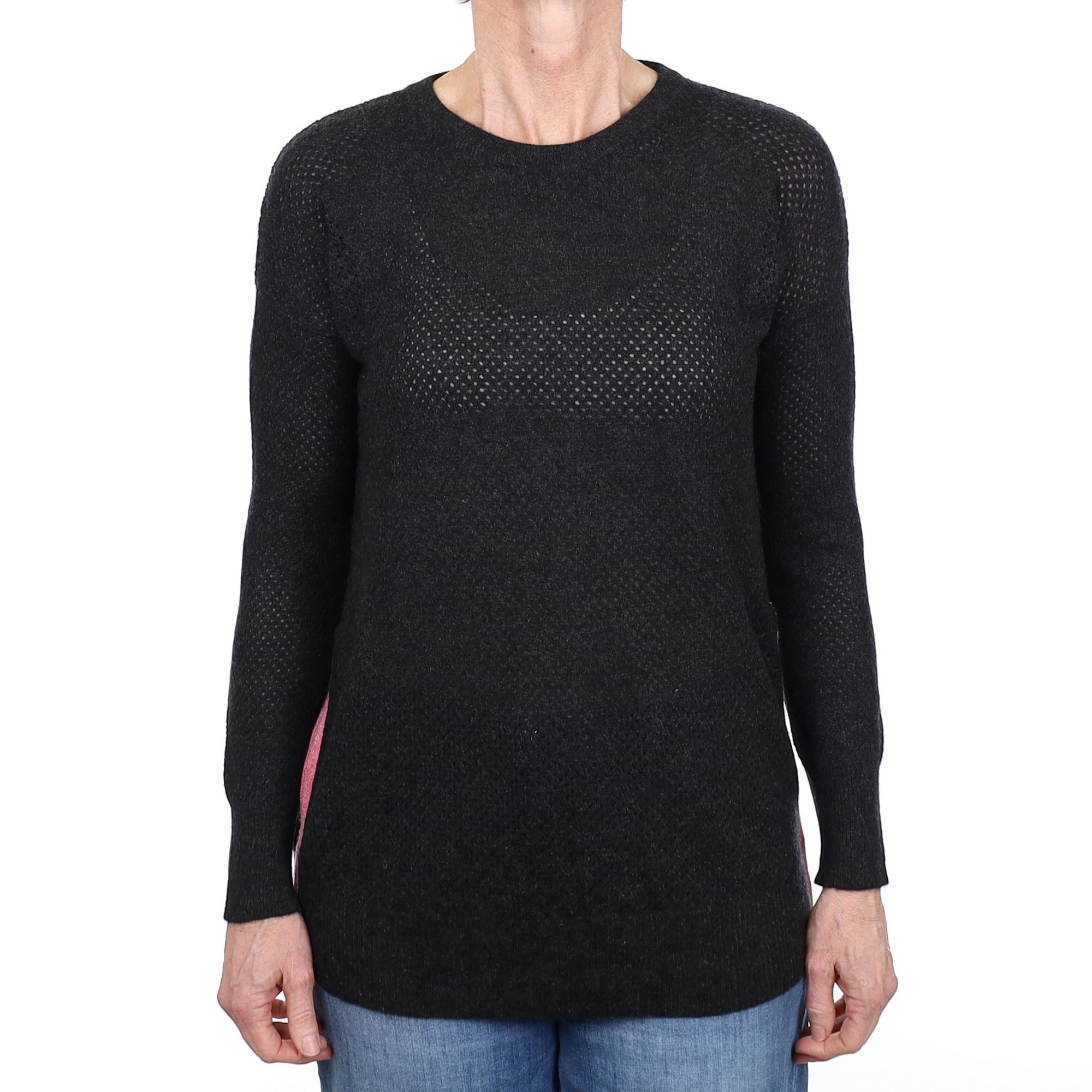 Charcoal Grey Pinhole Knit Cashmere Crew Neck Jumper Small