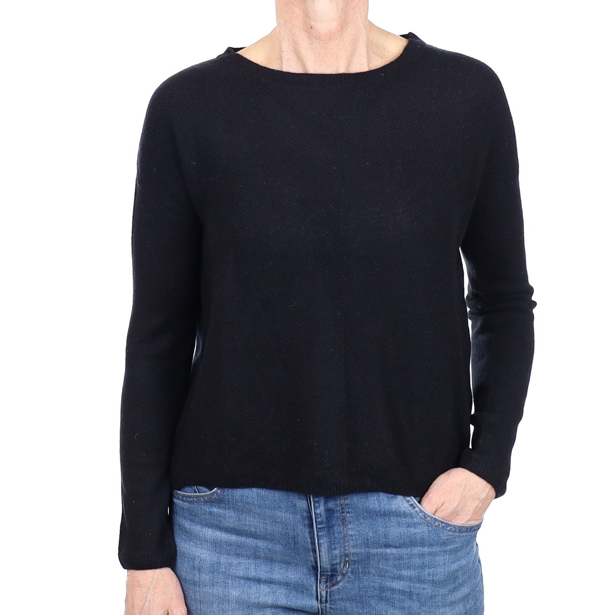 Black Textured Front Cashmere Crew Neck Jumper Small