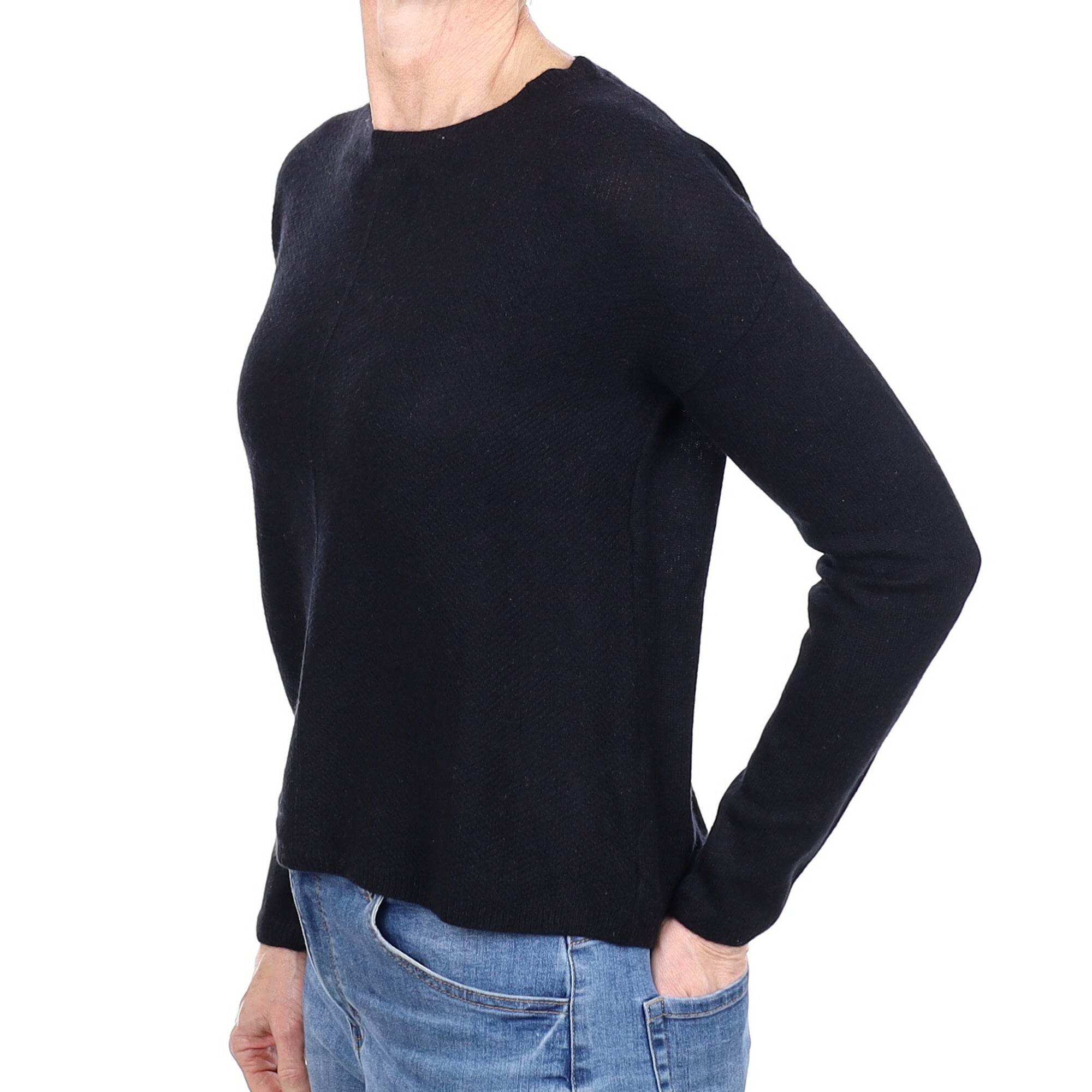 Black Textured Front Cashmere Crew Neck Jumper Small