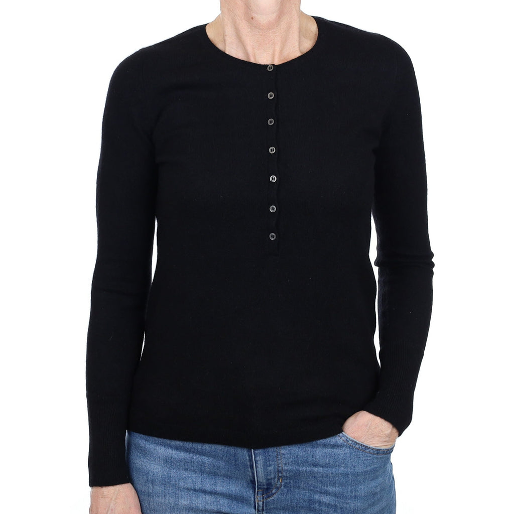 Black Cashmere Button Front Crew Neck Jumper Small