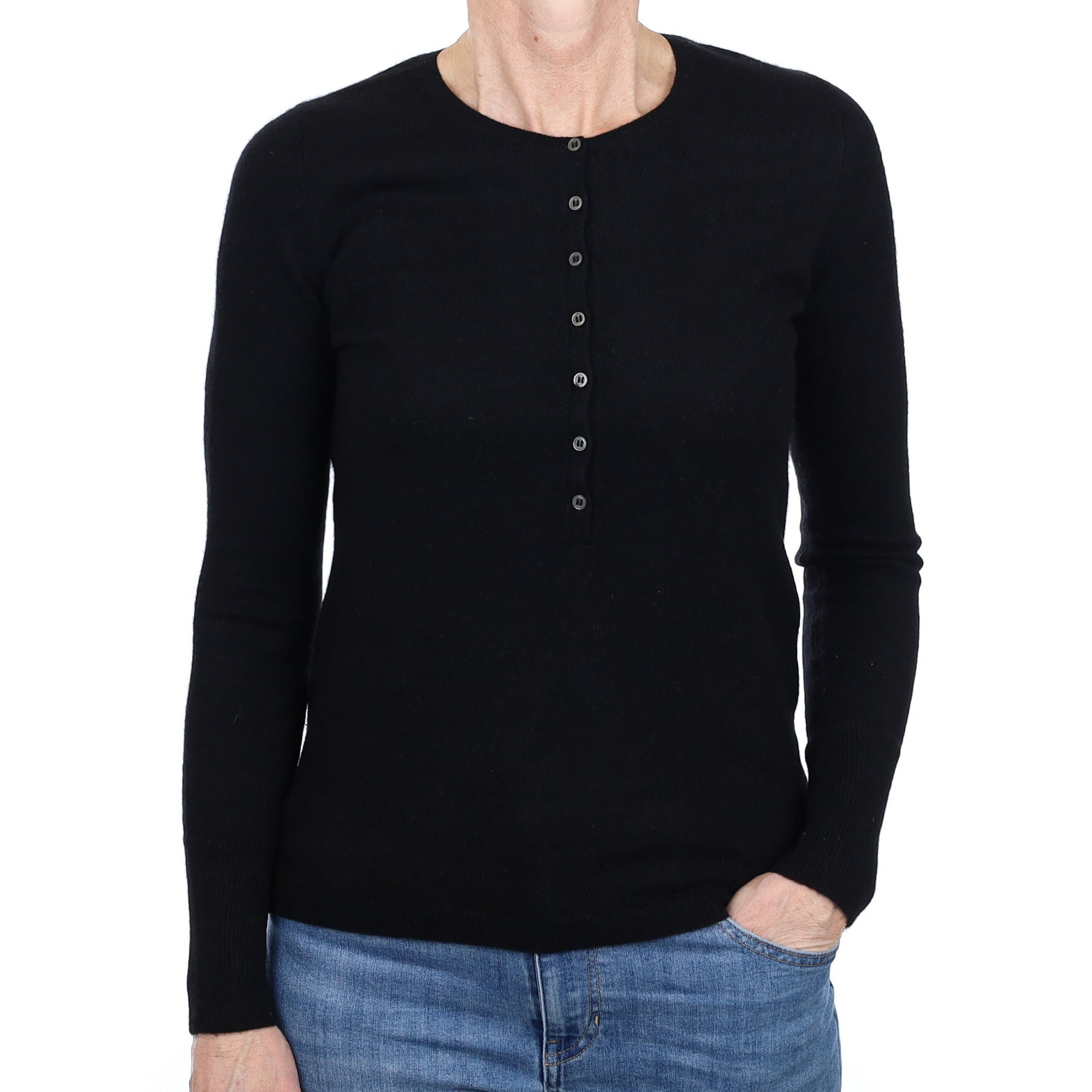 Black Cashmere Button Front Crew Neck Jumper Small