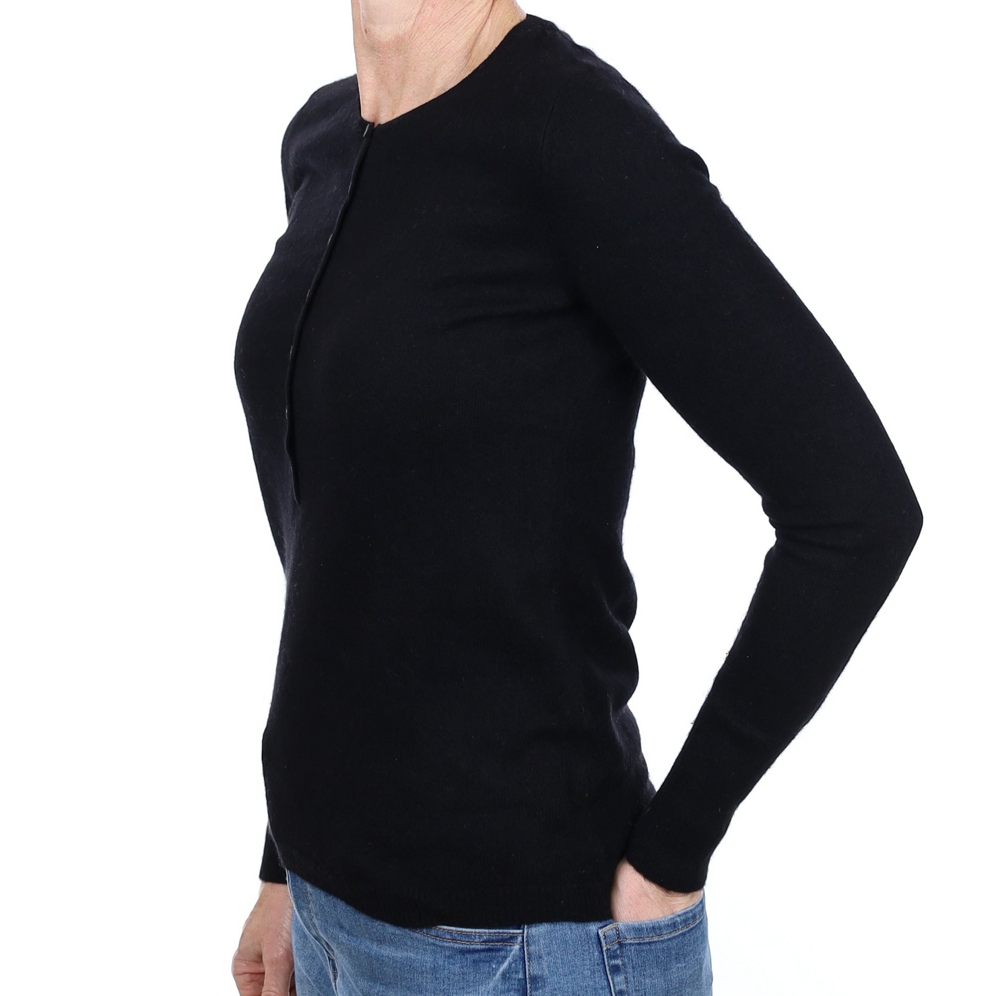 Black Cashmere Button Front Crew Neck Jumper Small