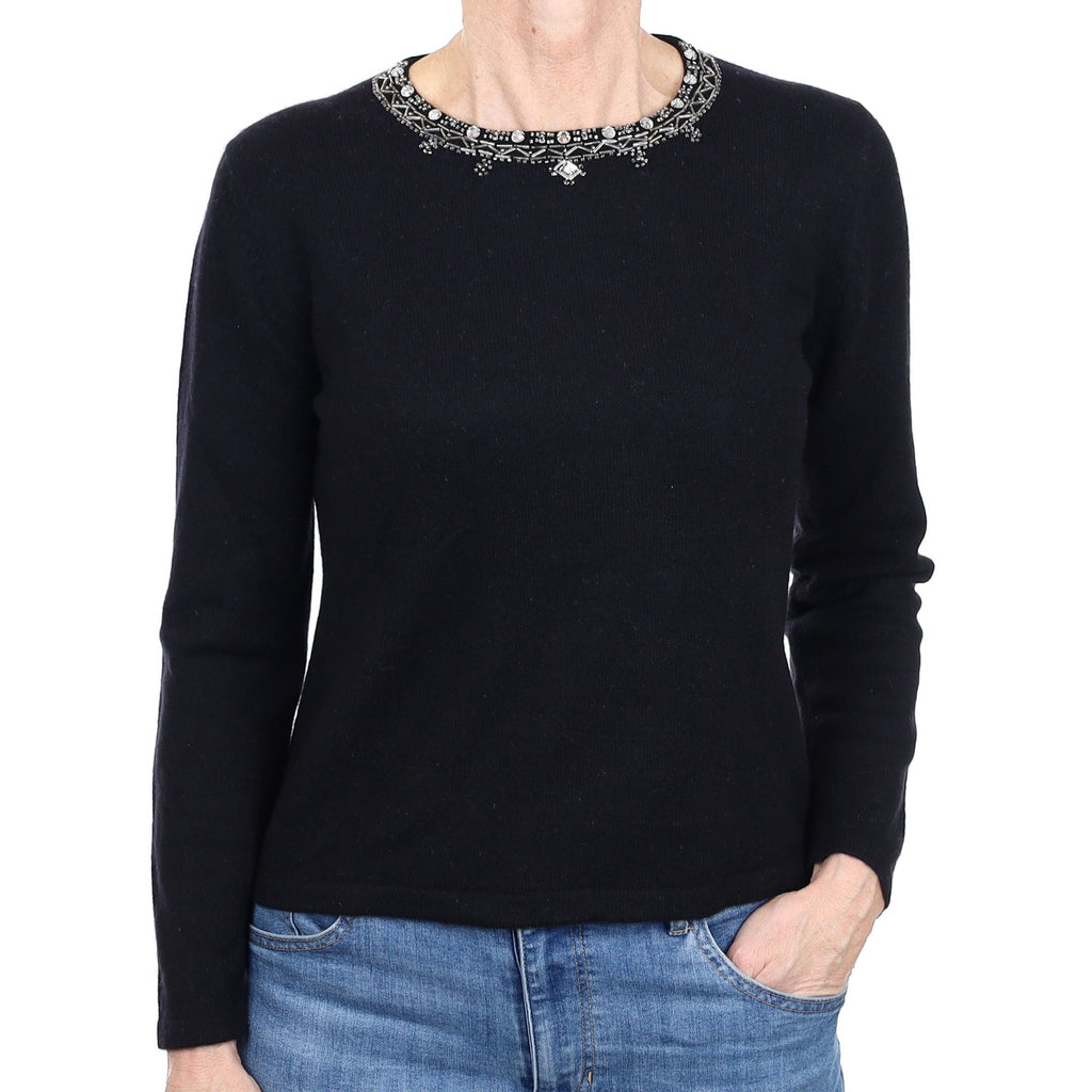 Black Diamanté Cashmere Crew Neck Jumper Small