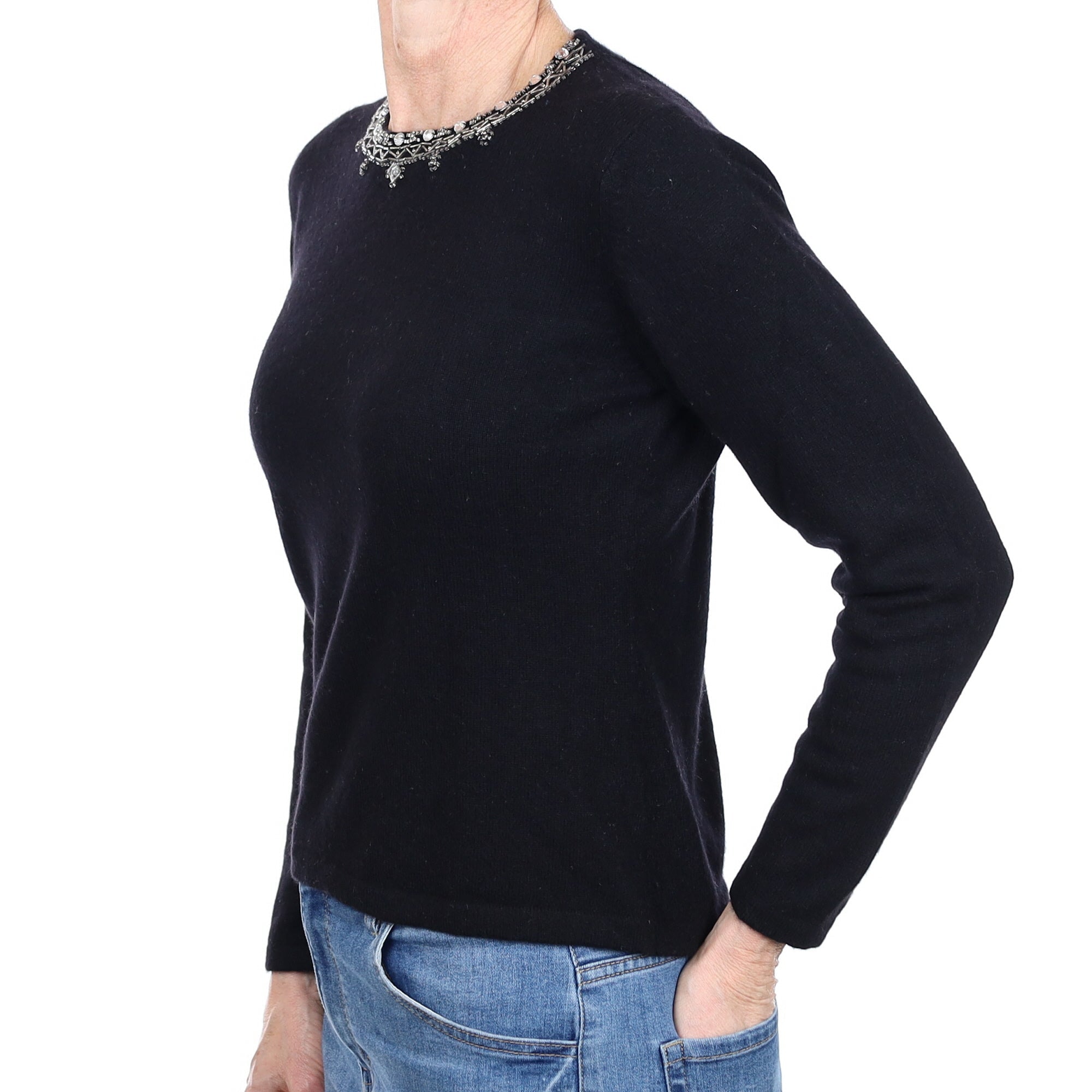 Black Diamanté Cashmere Crew Neck Jumper Small