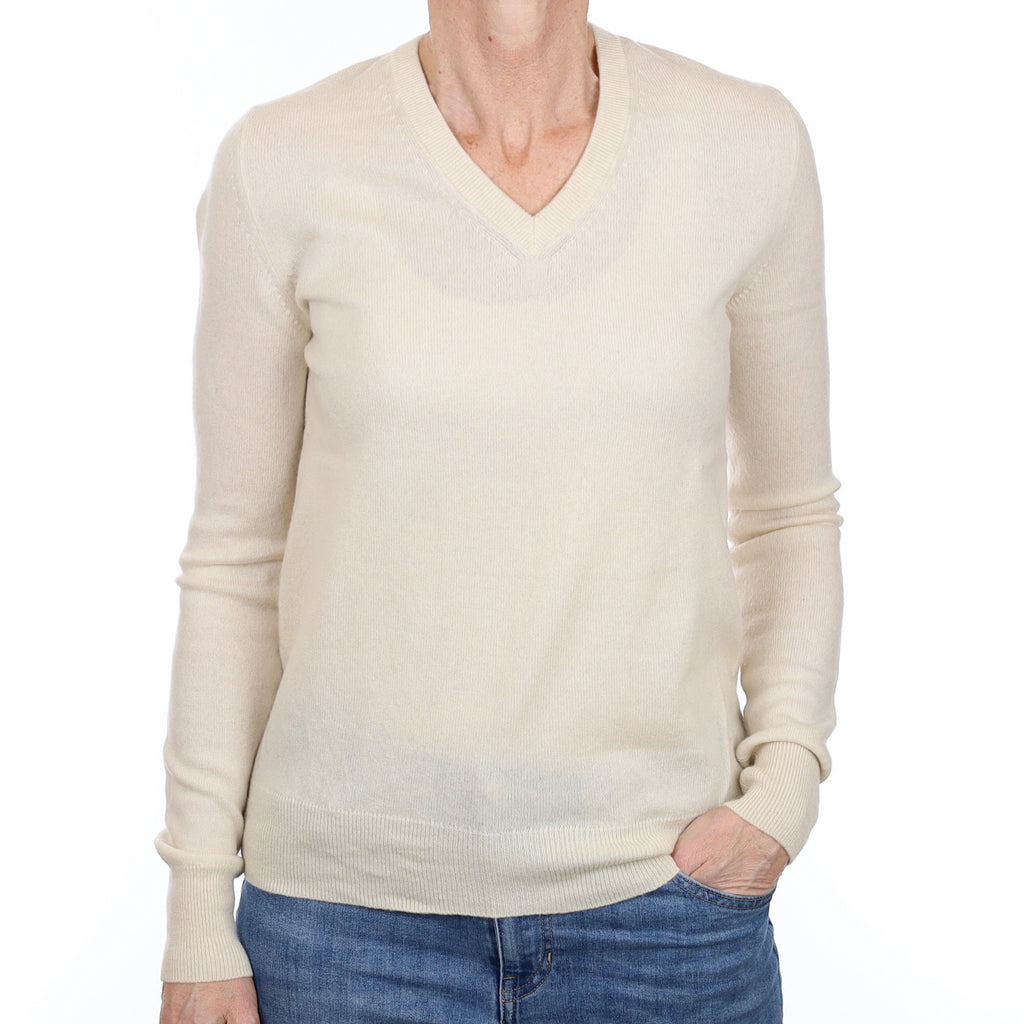 Ivory Cashmere V Neck Jumper Small