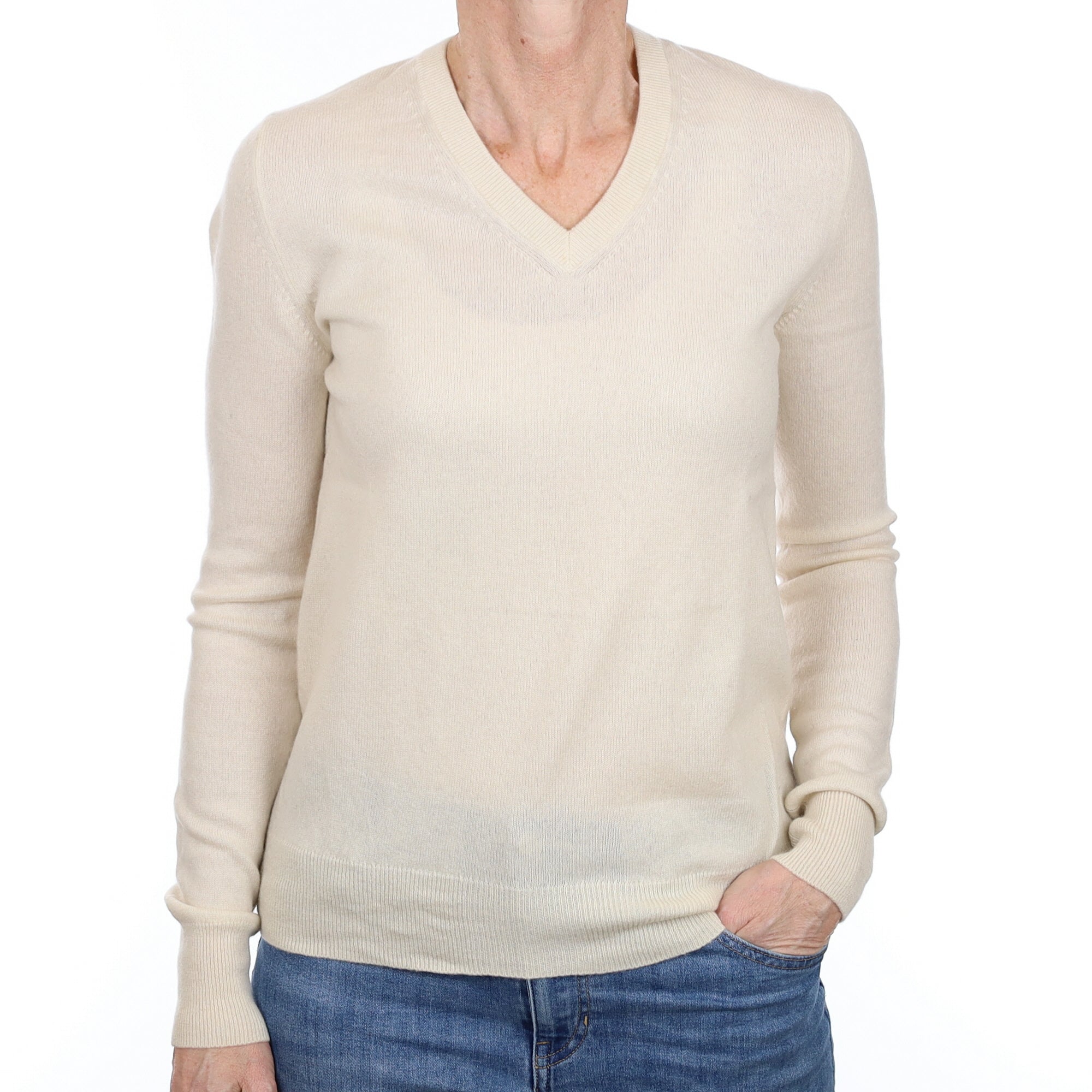 Ivory Cashmere V Neck Jumper Small