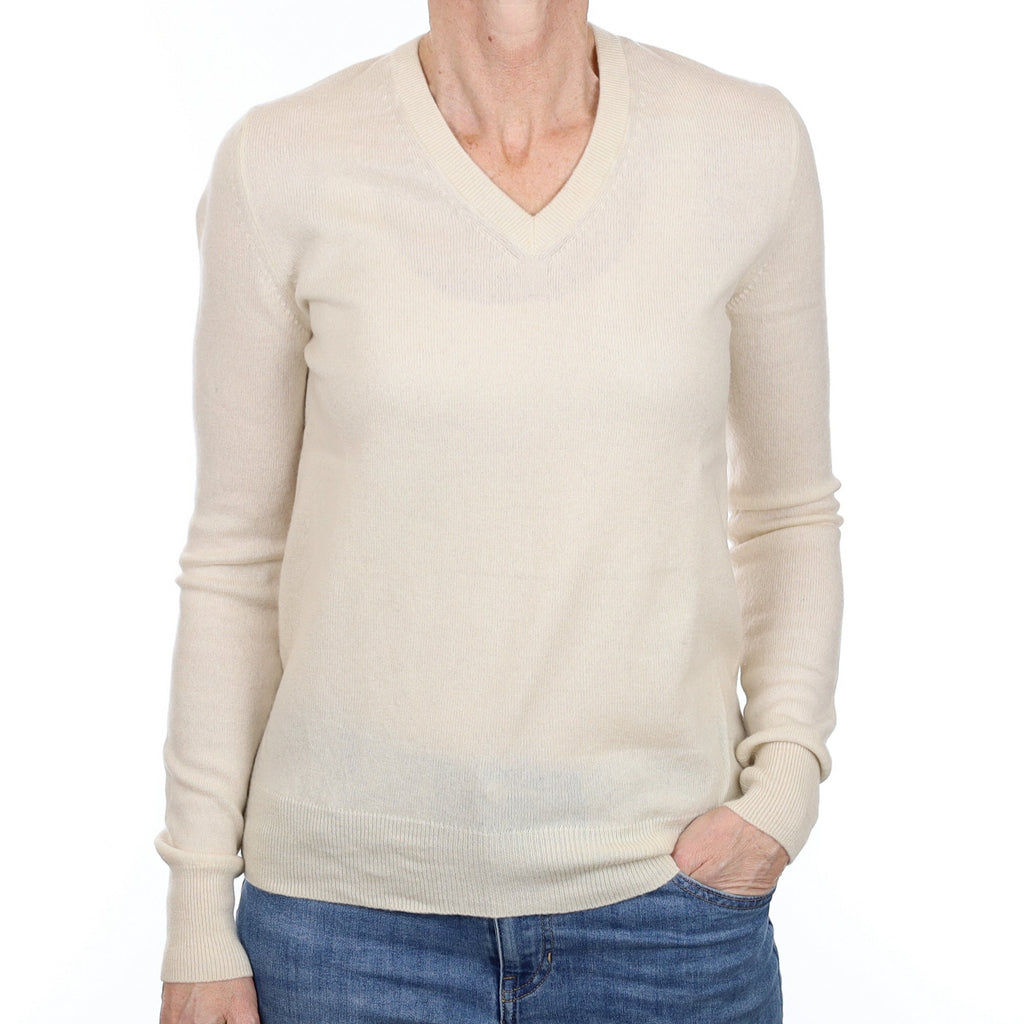 Ivory Cashmere V Neck Jumper Small