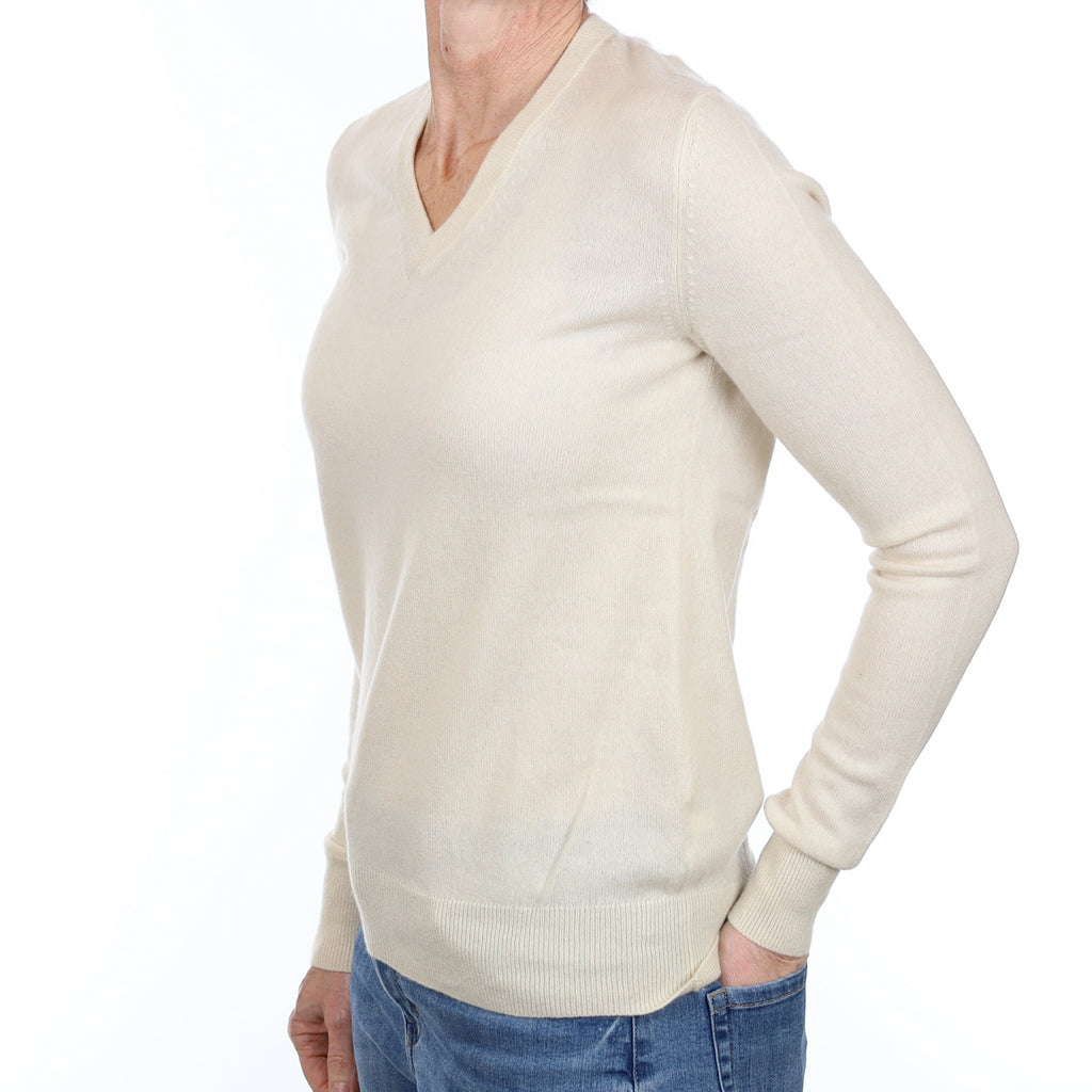 Ivory Cashmere V Neck Jumper Small