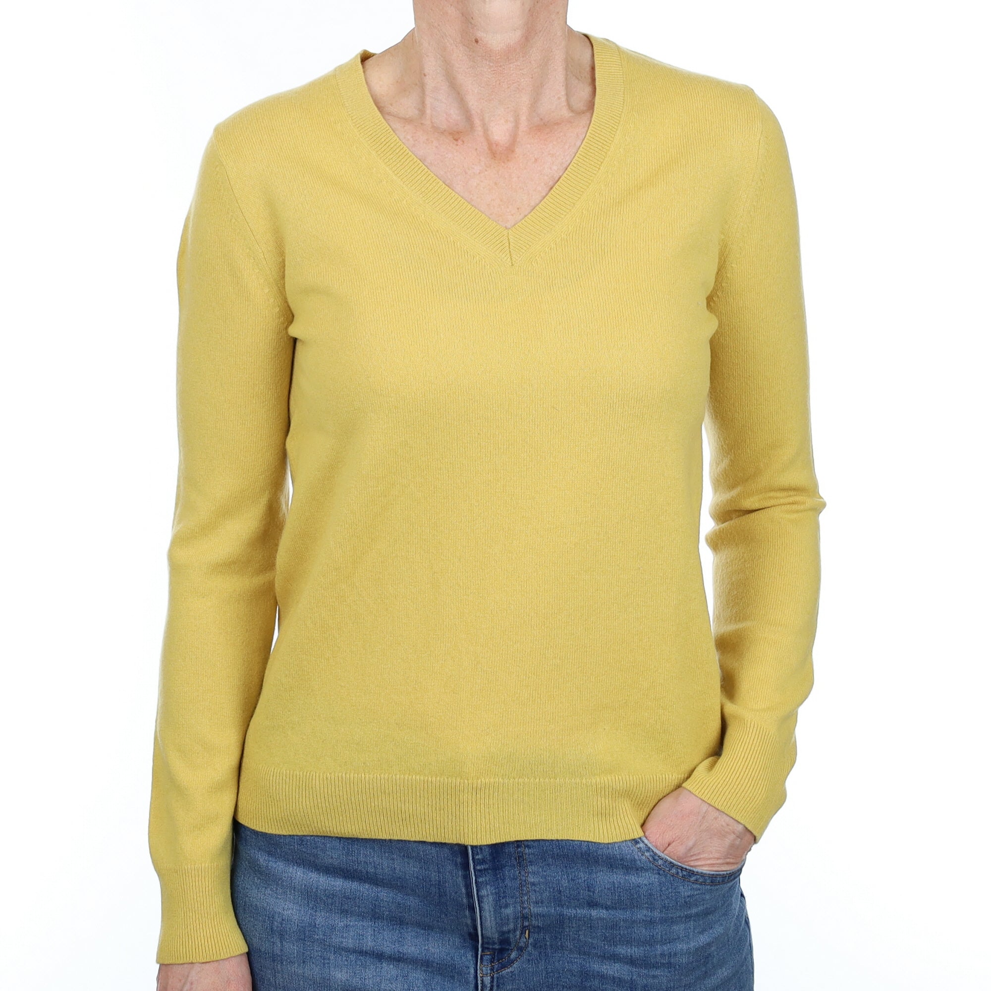 Flaxen Yellow Cashmere V Neck Jumper Small