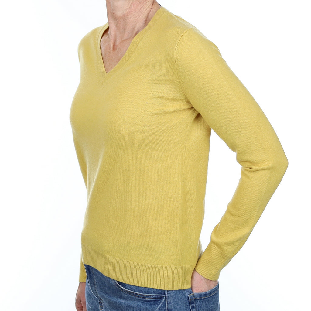 Flaxen Yellow Cashmere V Neck Jumper Small