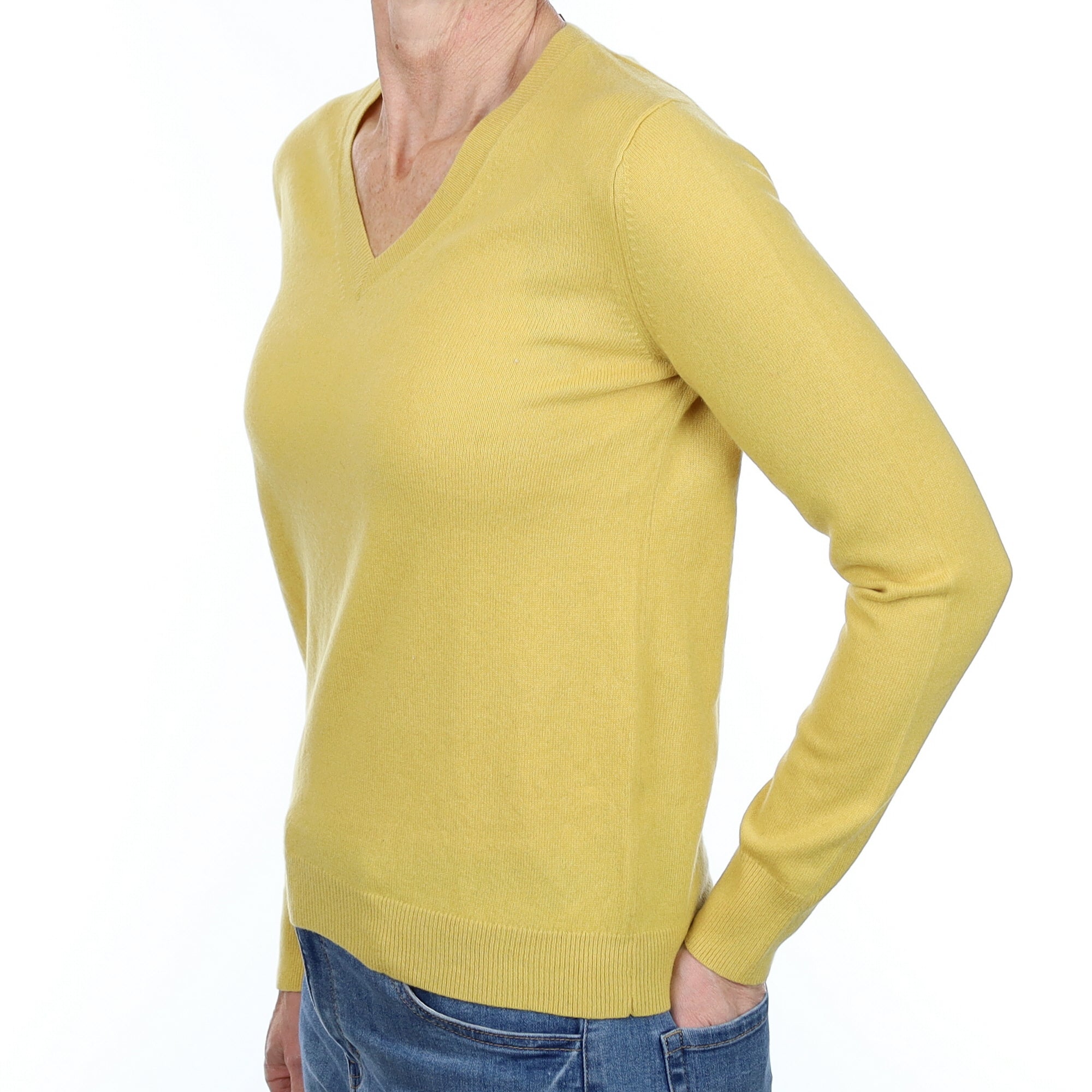 Flaxen Yellow Cashmere V Neck Jumper Small