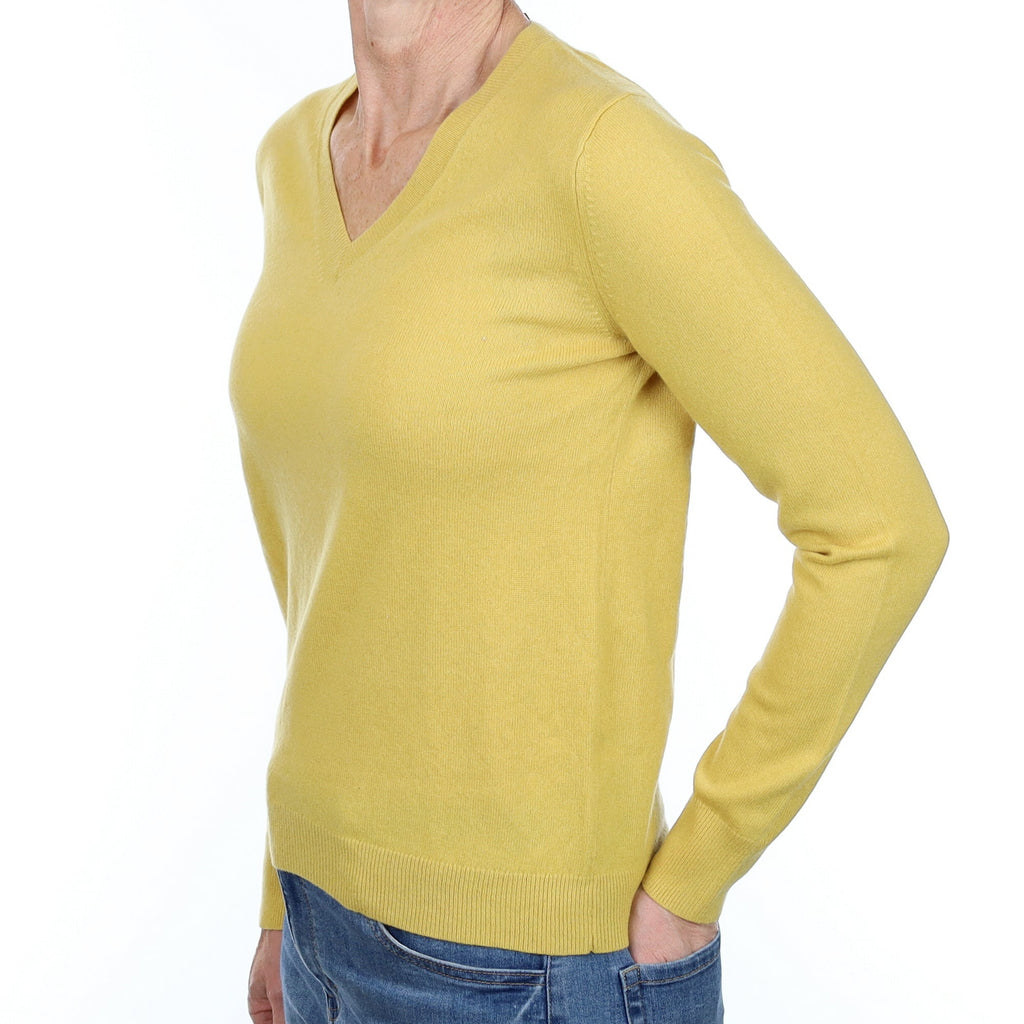 Flaxen Yellow Cashmere V Neck Jumper Small
