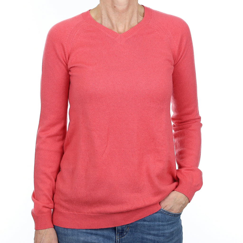 Flamingo Pink Cashmere V Neck Jumper Small