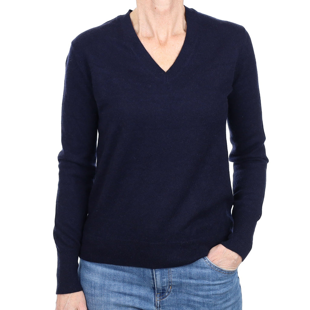 Navy Blue Cashmere V Neck Jumper Small